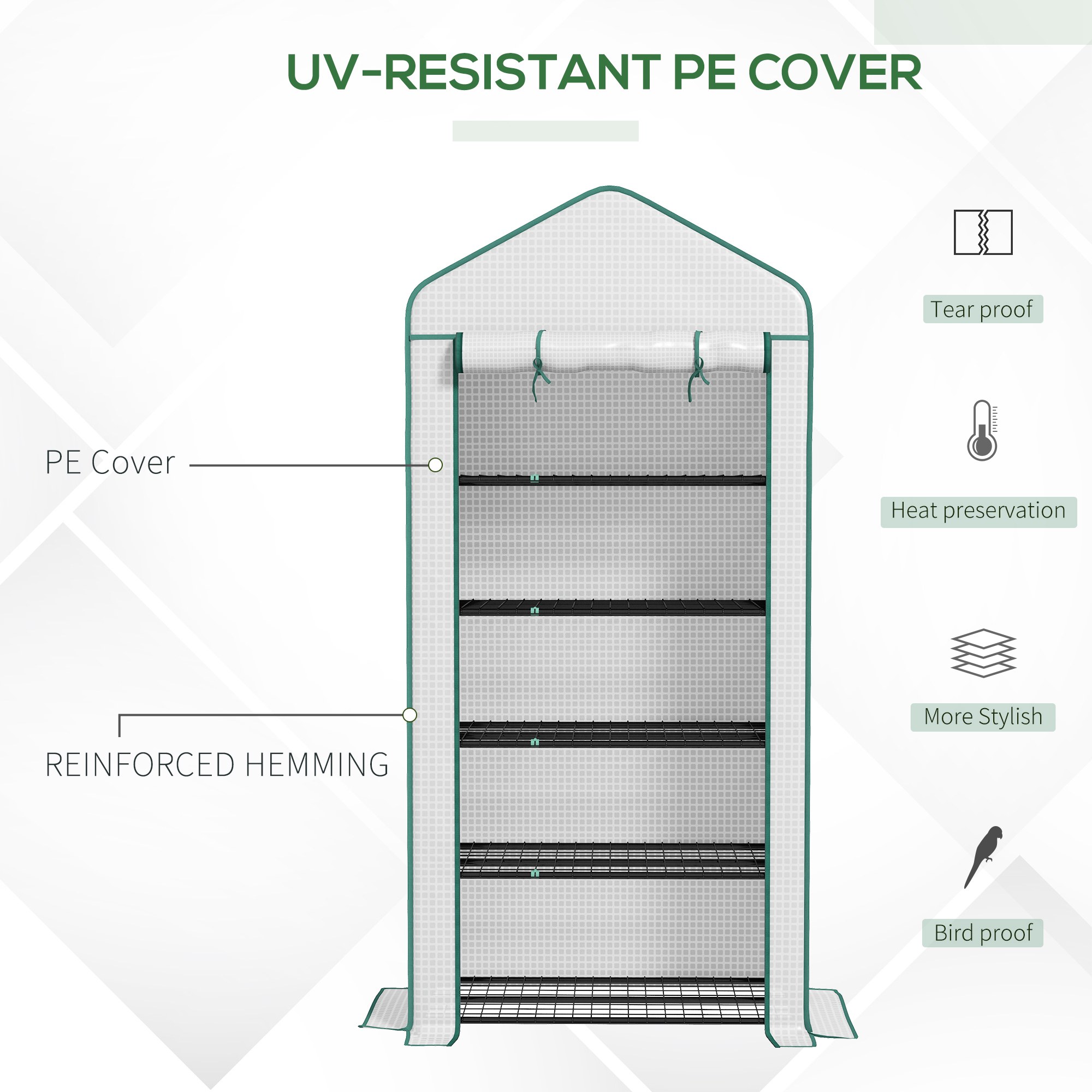 Outsunny 5 Tier Widened Mini Greenhouse with Reinforced PE Cover, Portable Indoor Outdoor Green House with Roll-up Door and Wire Shelves, 193H x 90W x 49Dcm, White 6