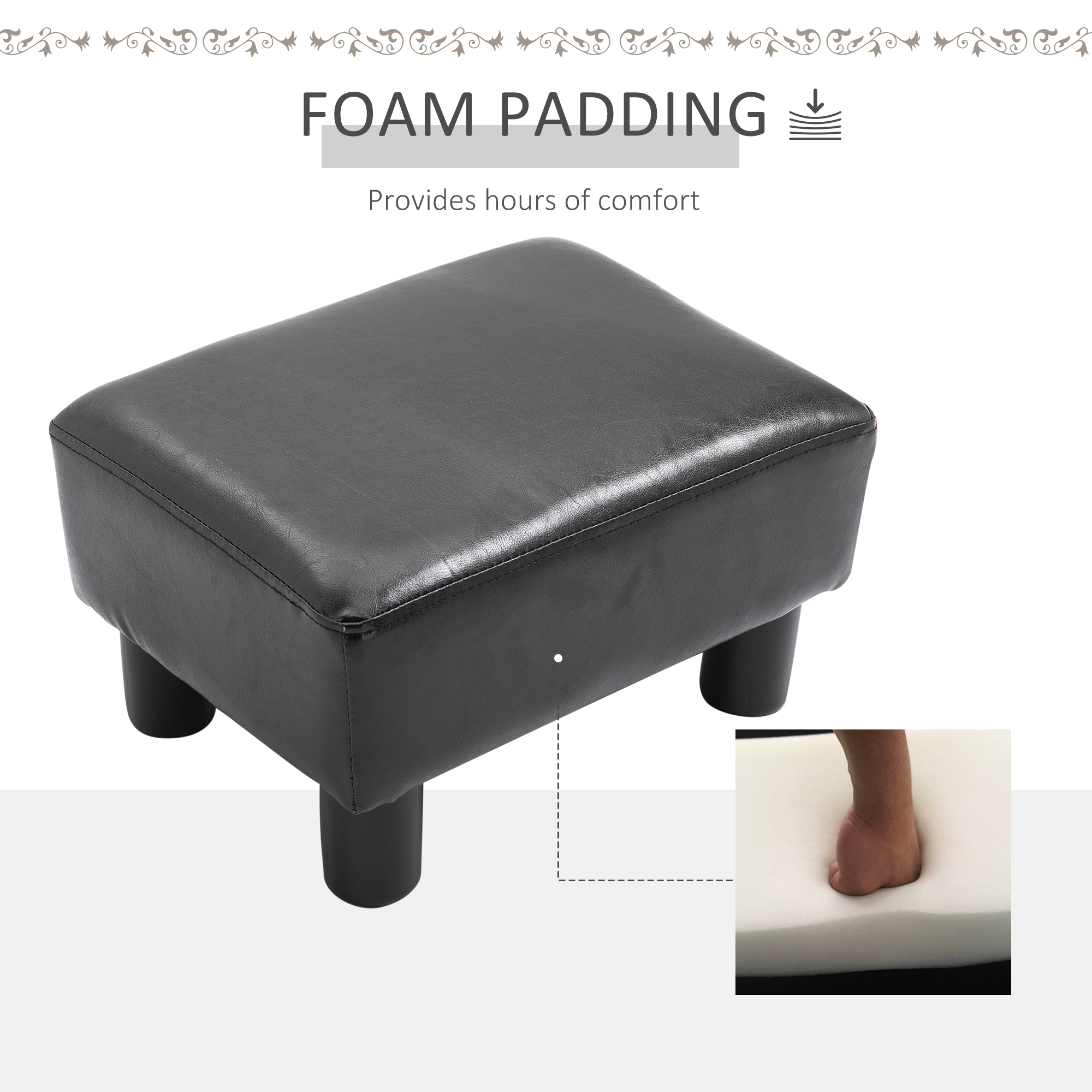 HOMCOM Faux Leather Footstool, Small Foot Rest, Rectangle Sofa Stool for Bedroom Living Room, Black 5