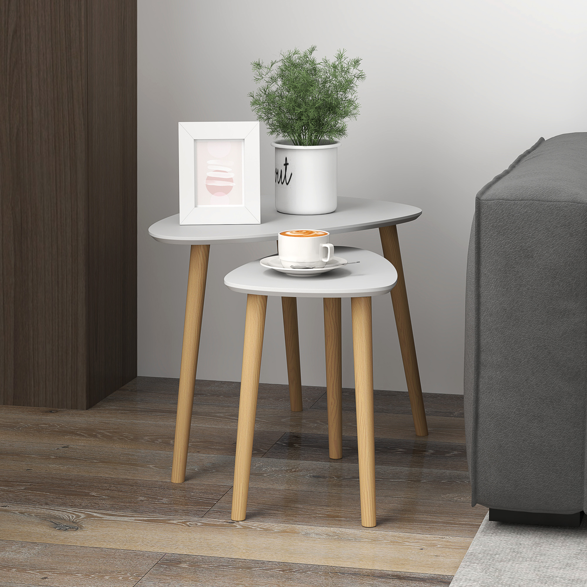 HOMCOM Nesting Coffee Table, Set of 2 Side Tables, Stacking End Tables with Solid Wood Legs, for Living Room Bedroom, Light Grey 2