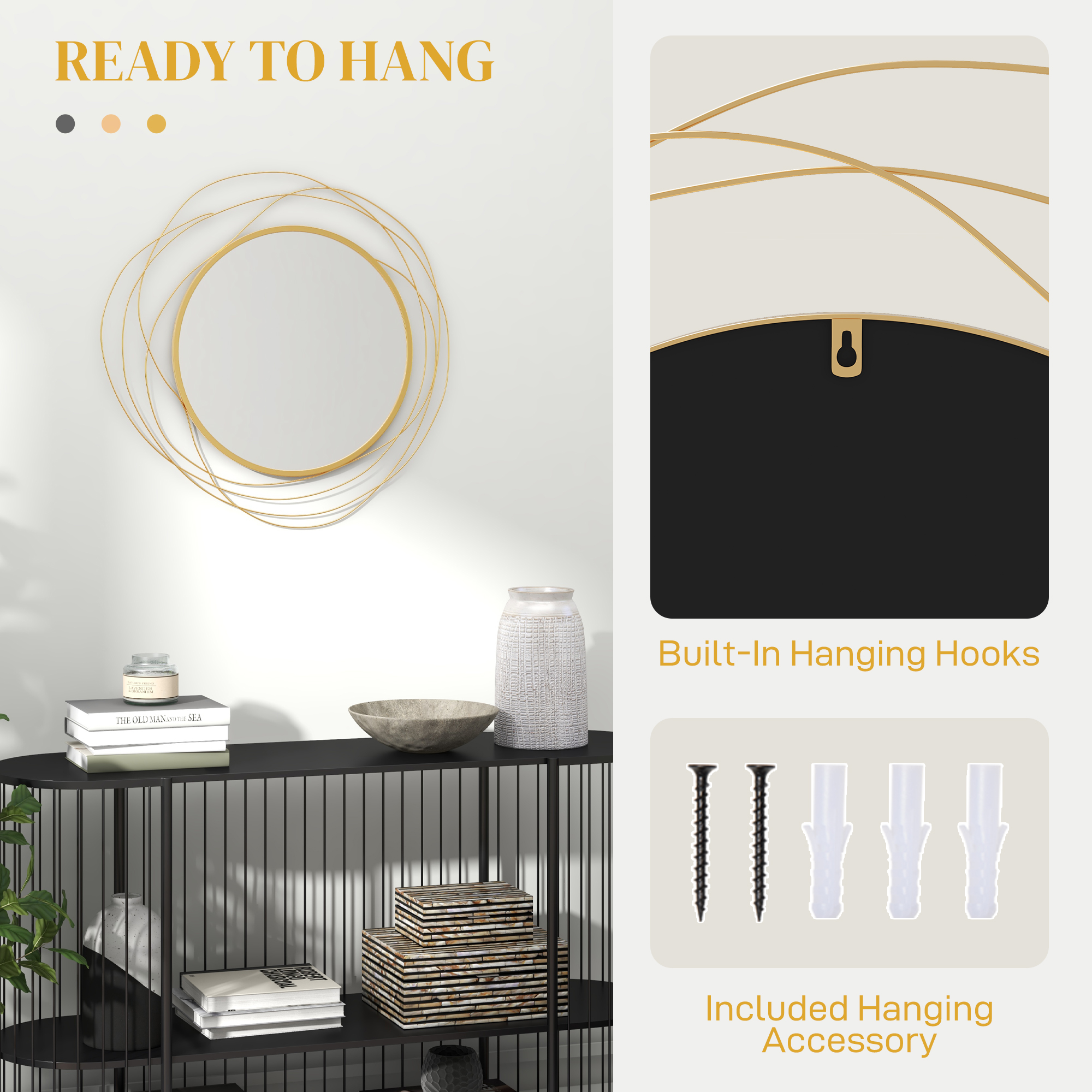 HOMCOM Abstract Metal Wire Wall Mirror, with Accessories Gold Tone 5