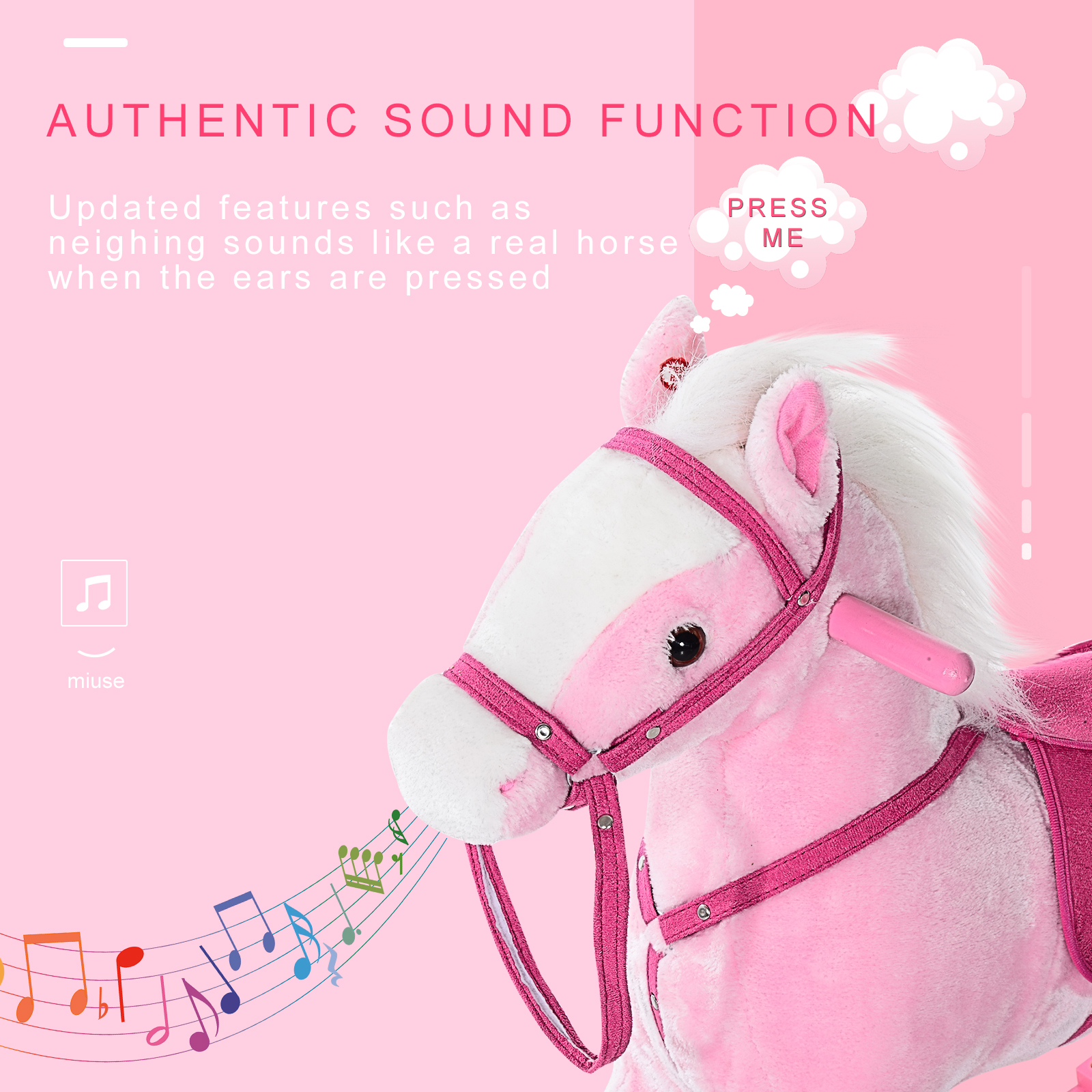 HOMCOM Baby Rocking Horse Plush Ride on Animals Rocker with Sound Handle Grip for Kids 3-6 Years Pink 5