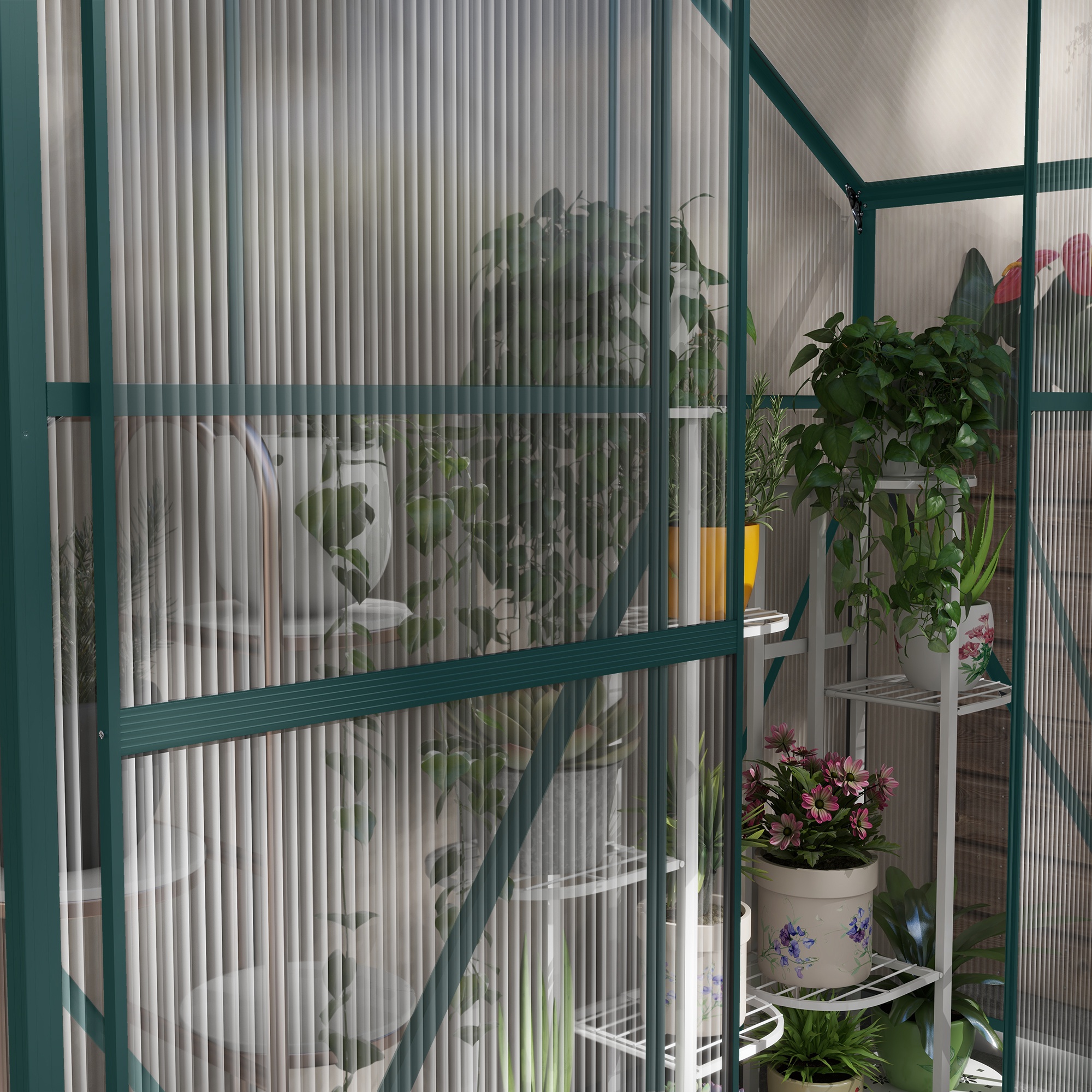 Outsunny 6 x 2.5ft Polycarbonate Greenhouse Walk-In Green House with Rain Gutter, Sliding Door, Window, Foundation, Green 9
