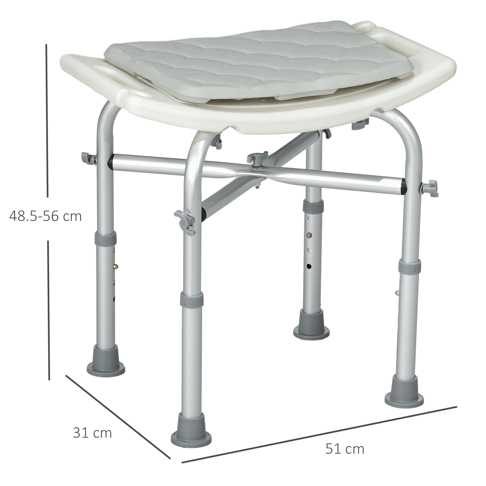 HOMCOM Aluminium Shower Stool for Elderly, Height Adjustable Shower Seat with Removable Padded Cushion, Shower Head Holder, Non-Slip Bath Stool for Seniors, Disabled, Pregnant, White 3