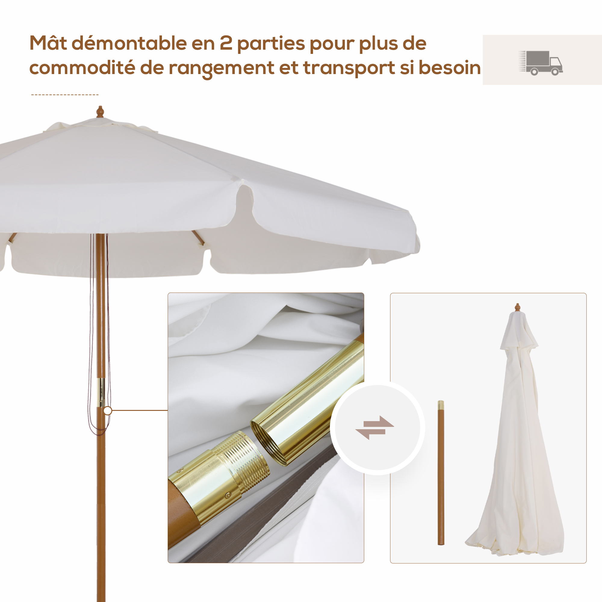 Parasol Droit Inclinable Ø 264 Cm - Toile Polyester Anti-UV - 8 Baleines - Volants Bohème - Beige - Pour Jardin Ou Plage