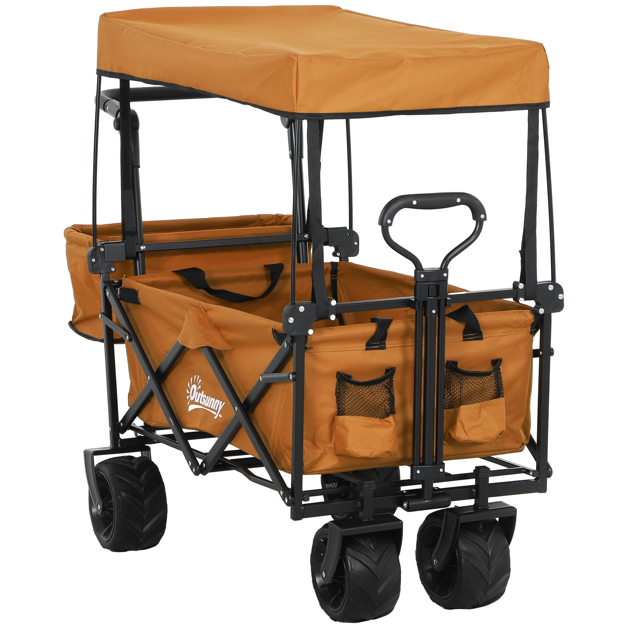 Product photograph of Outsunny Folding Trolley Cart Storage Wagon Beach Trailer 4 Wheels With Handle Overhead Canopy Cart Push Pull For Shopping Camping Orange from Aosom UK
