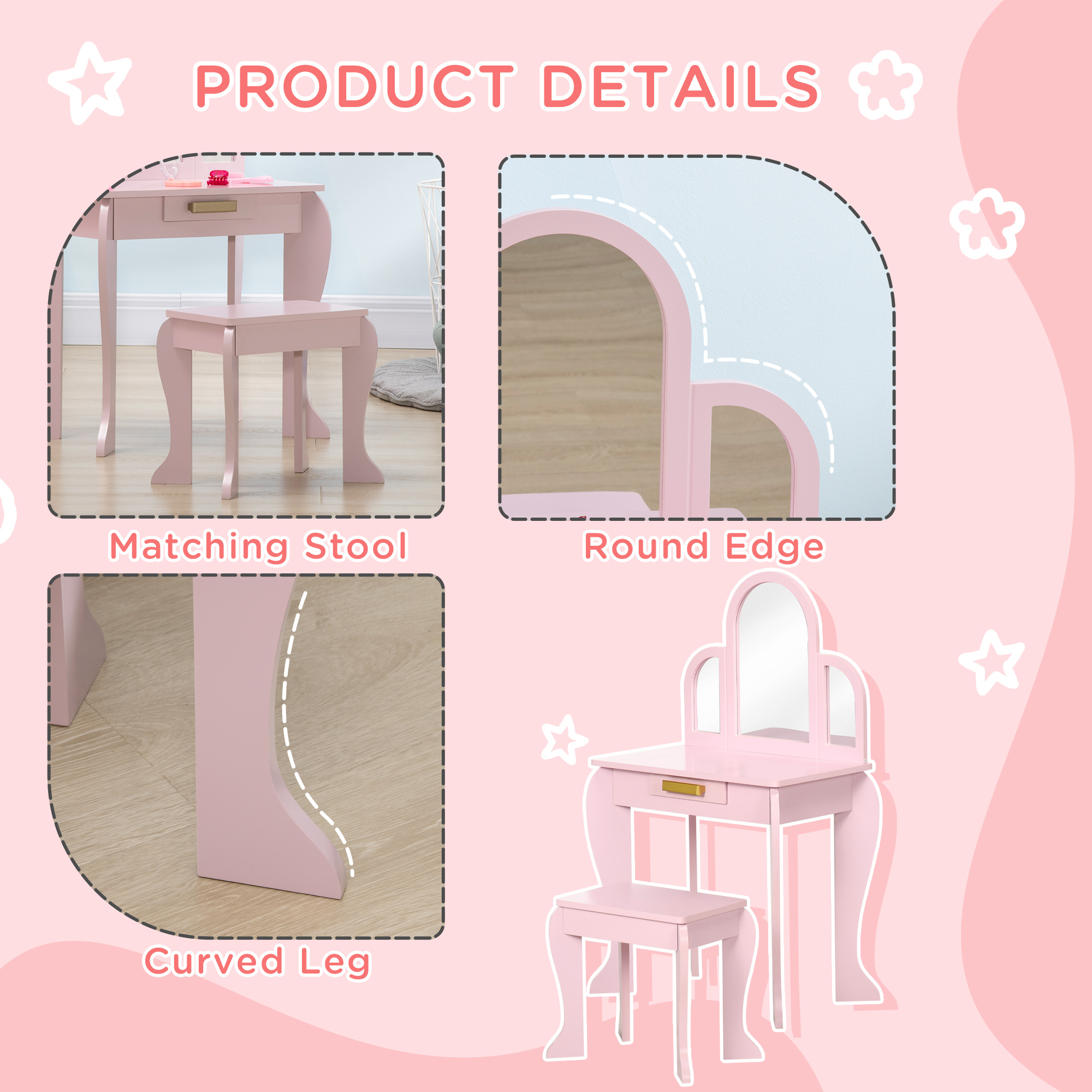 HOMCOM Kids Dressing Table Set, with Mirror and Drawer Pink 6