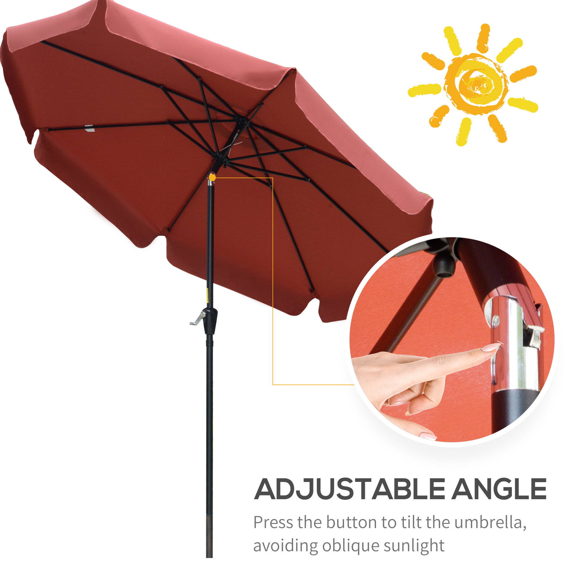 Outsunny 2.7m Patio Parasol Garden Umbrellas Outdoor Sun Shade Table Umbrella with Tilt, Crank, 8 Ribs, Ruffles, Wine Red 4