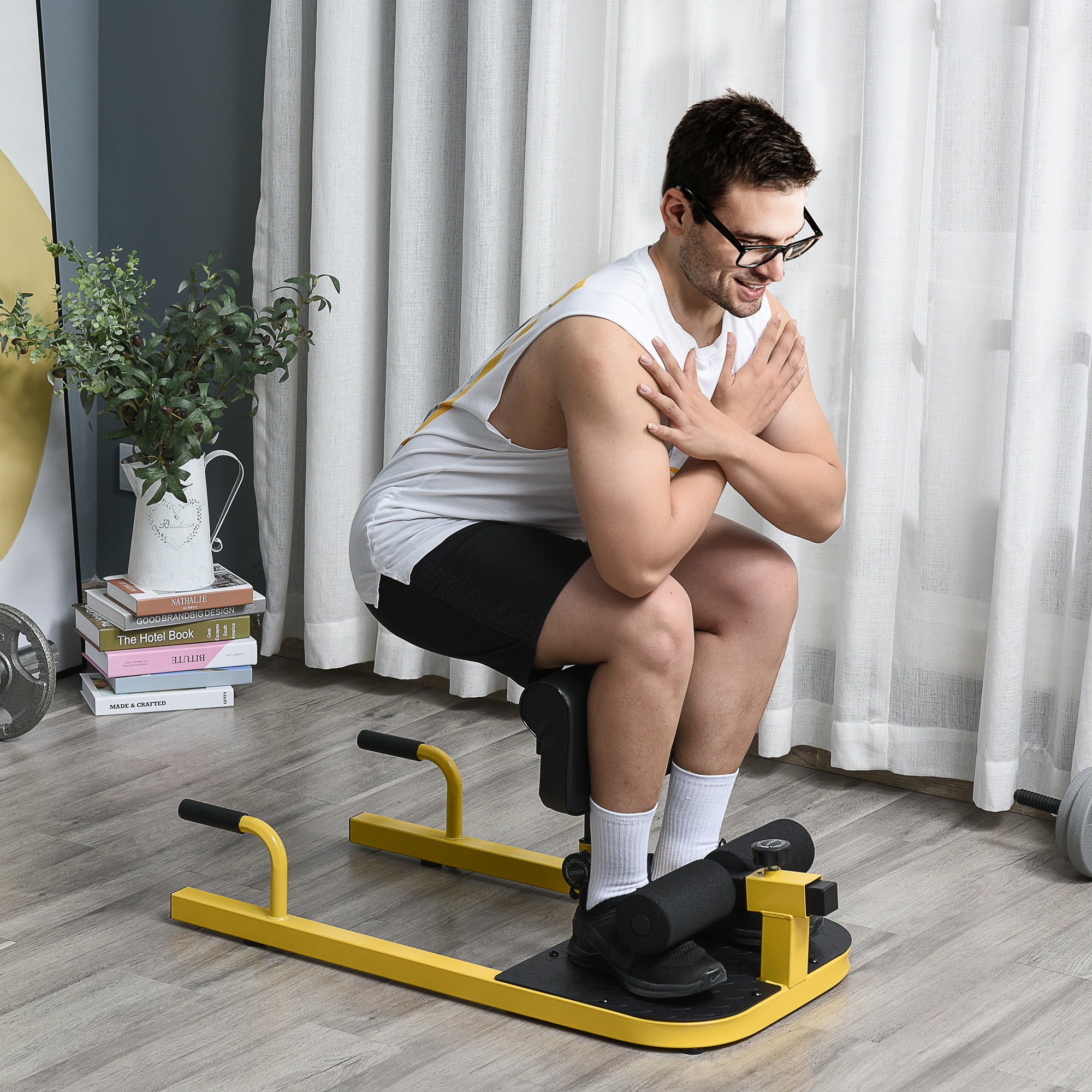 HOMCOM Squat Machine with Push Up Stand, Padded Hip Thrust Bench with Adjustable Cushion for Home Gym Work Out, Yellow 2