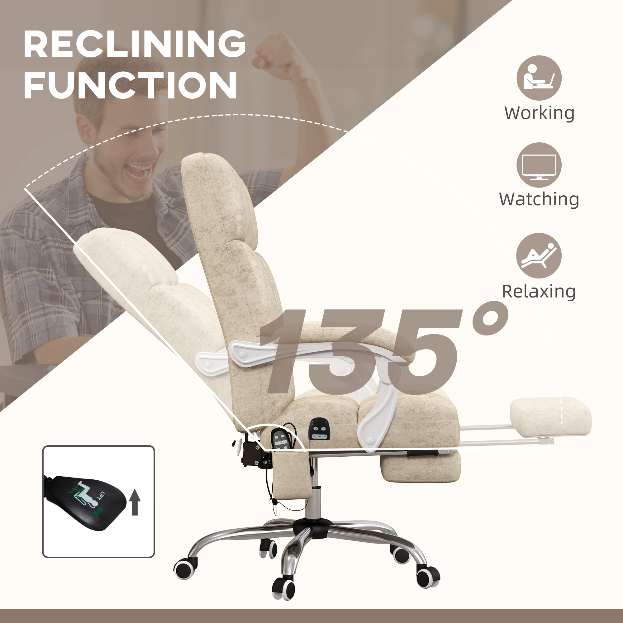 Vinsetto Massage Office Chair, Ergonomic Desk Chair, Comfy Work Study Chair with Heat, Padded Seat, 135° Reclining Back and Footrest for Home Office, Beige 6