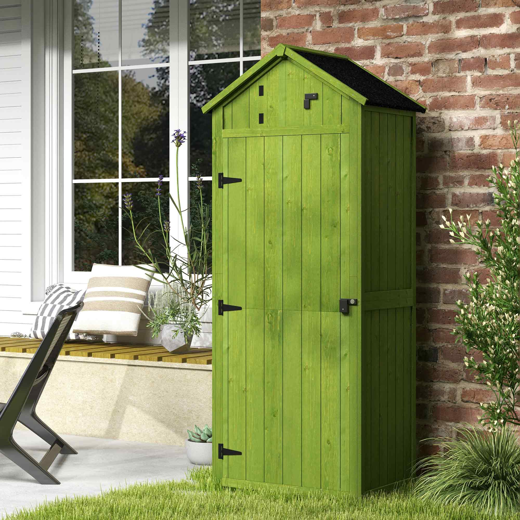Outsunny Small Shed, Tall Slim Wooden Garden Shed with 3 Removable Shelves and Roof Hatch, Compact Outdoor Tool Storage Cabinet with Asphalt Roof and Door Latch, 77 x 54.2 x 179 cm, Green 2