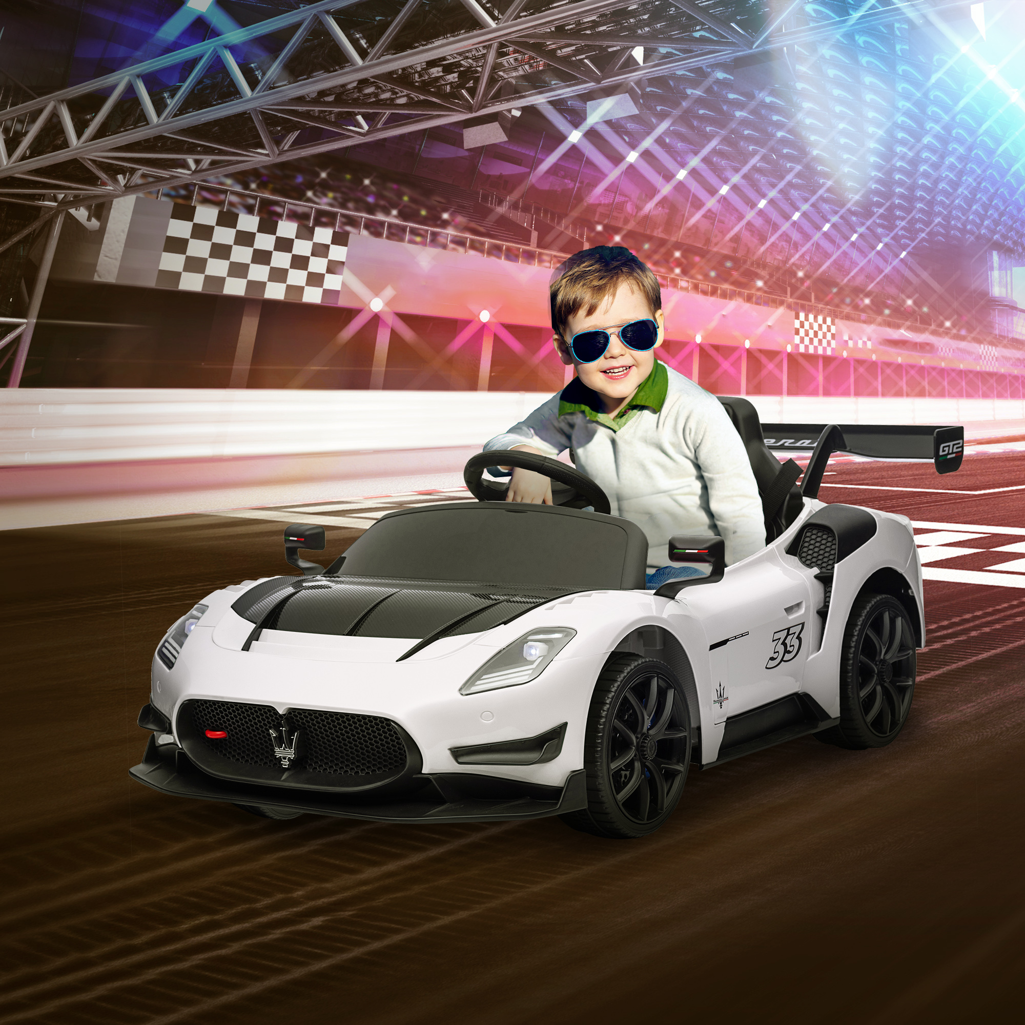 AIYAPLAY Maserati GT2 Licensed 12V Kids Electric Ride on Car with 4 Suspension Wheels, Remote Control, Music, Horn, Lights, White 2