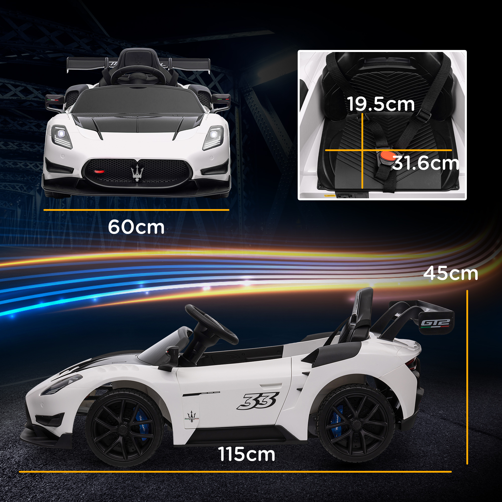 AIYAPLAY Maserati GT2 Licensed 12V Kids Electric Ride on Car with 4 Suspension Wheels, Remote Control, Music, Horn, Lights, White 3