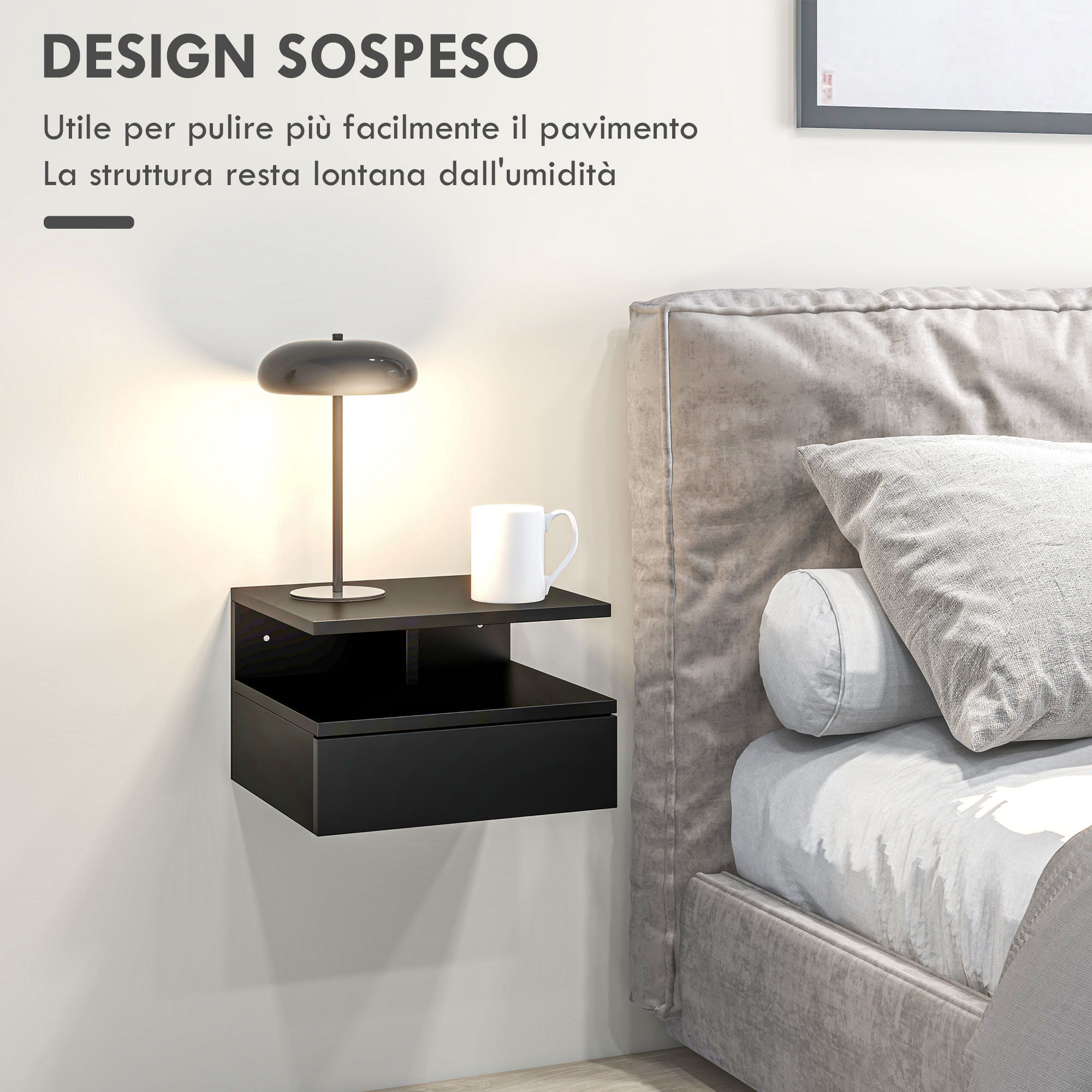2 Comodini Sospesi Moderni - Con Cassetto E Mensola, Legno, Design Minimalista, 35x32x22.5cm - Foto 9