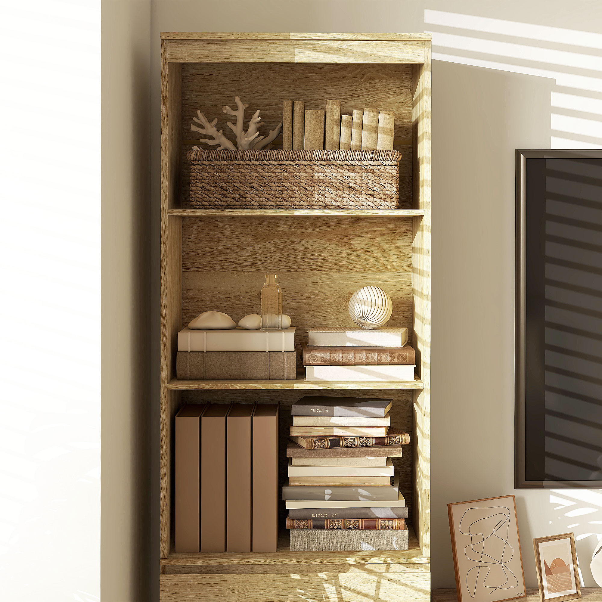 HOMCOM 180cm Tall Bookcase, with Shelves and Drawers Wood Effect 8