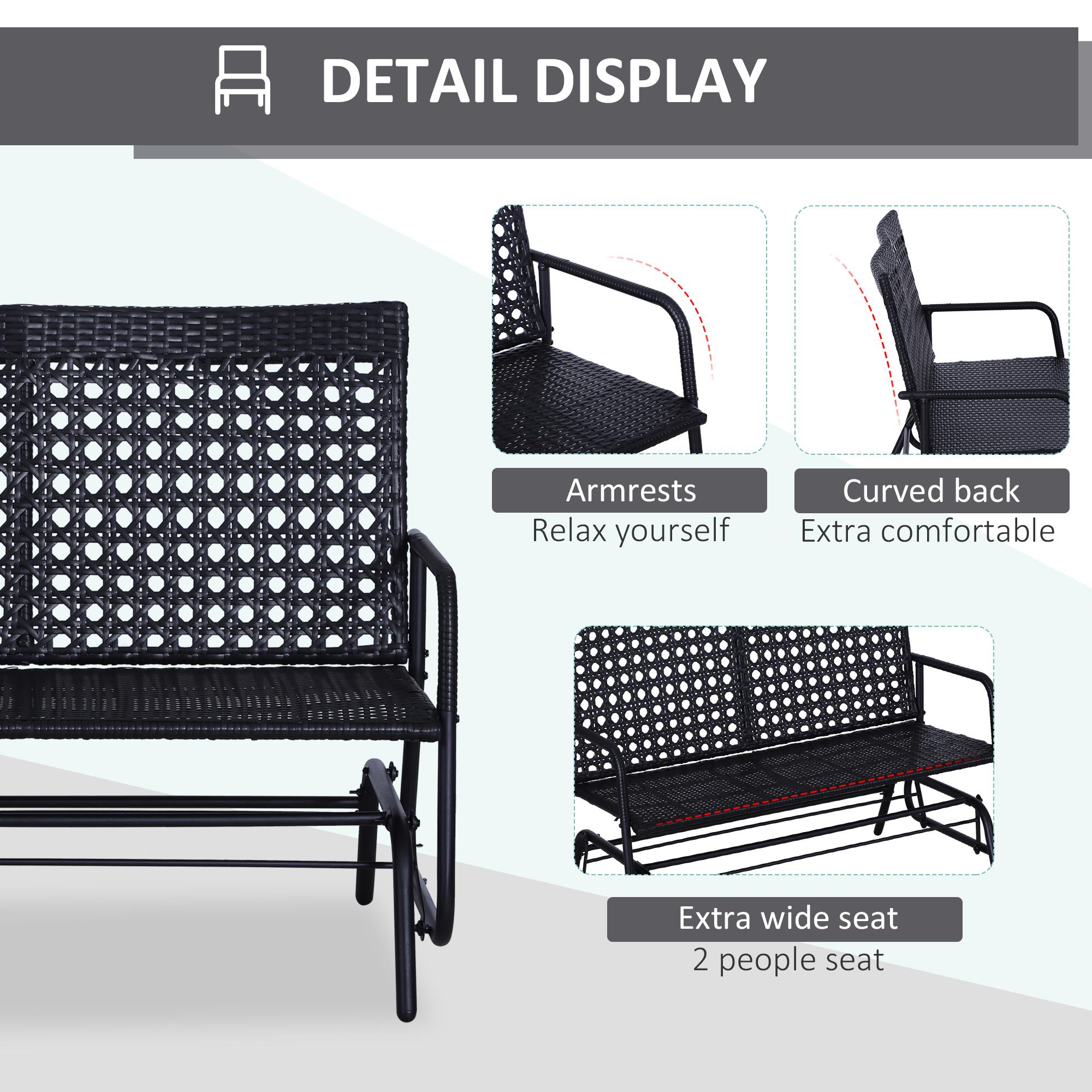 Outsunny 2 Seater PE Rattan Glider Bench, Outdoor Loveseat Chair with Steel Frame, Porch Rocking Glider for 2 Person with Armchair, High Back, Black 6