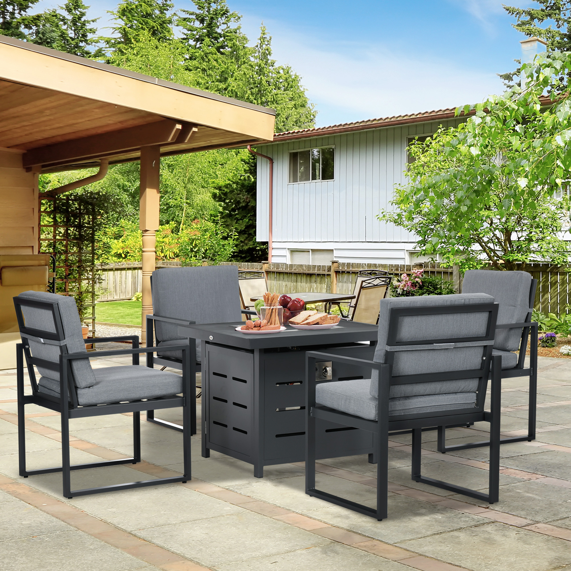 Outsunny 5-Piece Aluminium Garden Furniture Sets, 4 Seater Outdoor Conversational Dining Set with Gas Fire Pit Table Cushions for Yard, Poolside, Patio, Grey 2