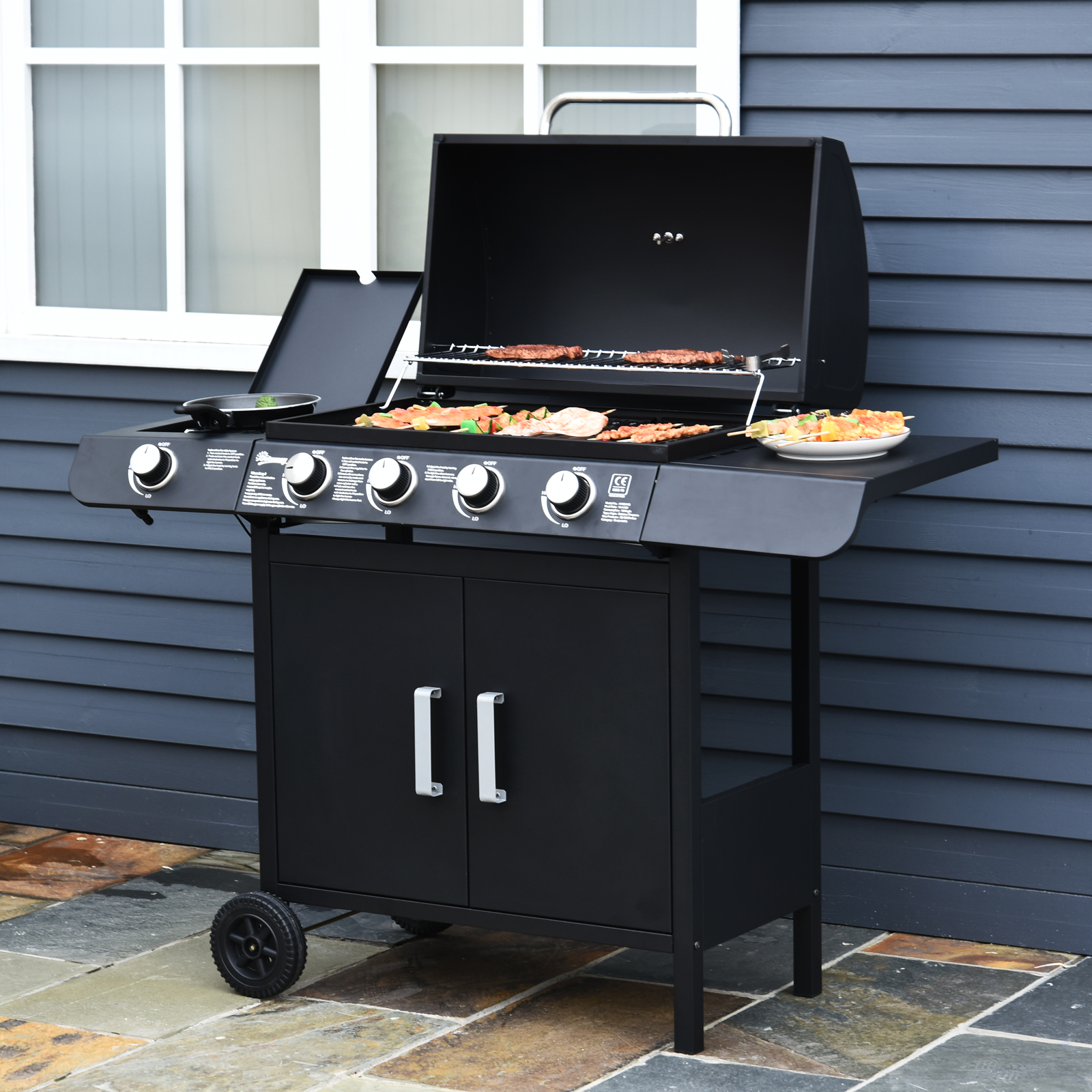 Outsunny 4+1 Burner Gas BBQ Grill, Outdoor Barbecue Trolley with Wheels, Warming Rack, Side Shelves, Cabinet, Thermometer for Garden, Party, Camping, 125 L x 51 W x 100 H cm, Black 2