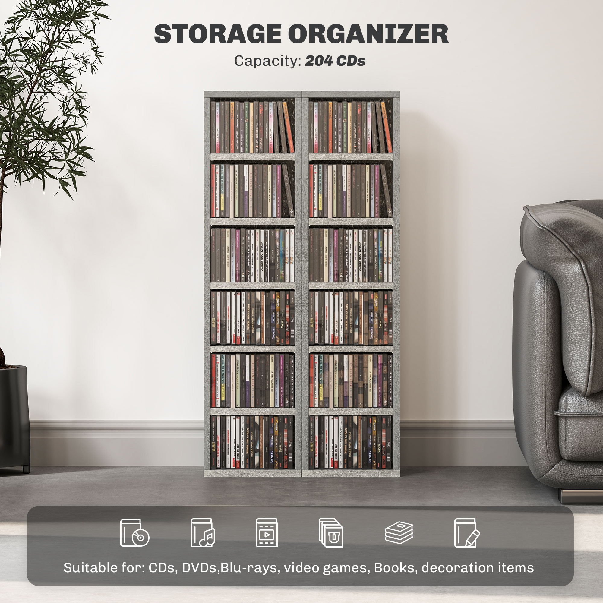HOMCOM Set of Two 102 CD Storage Units Cement Grey 4