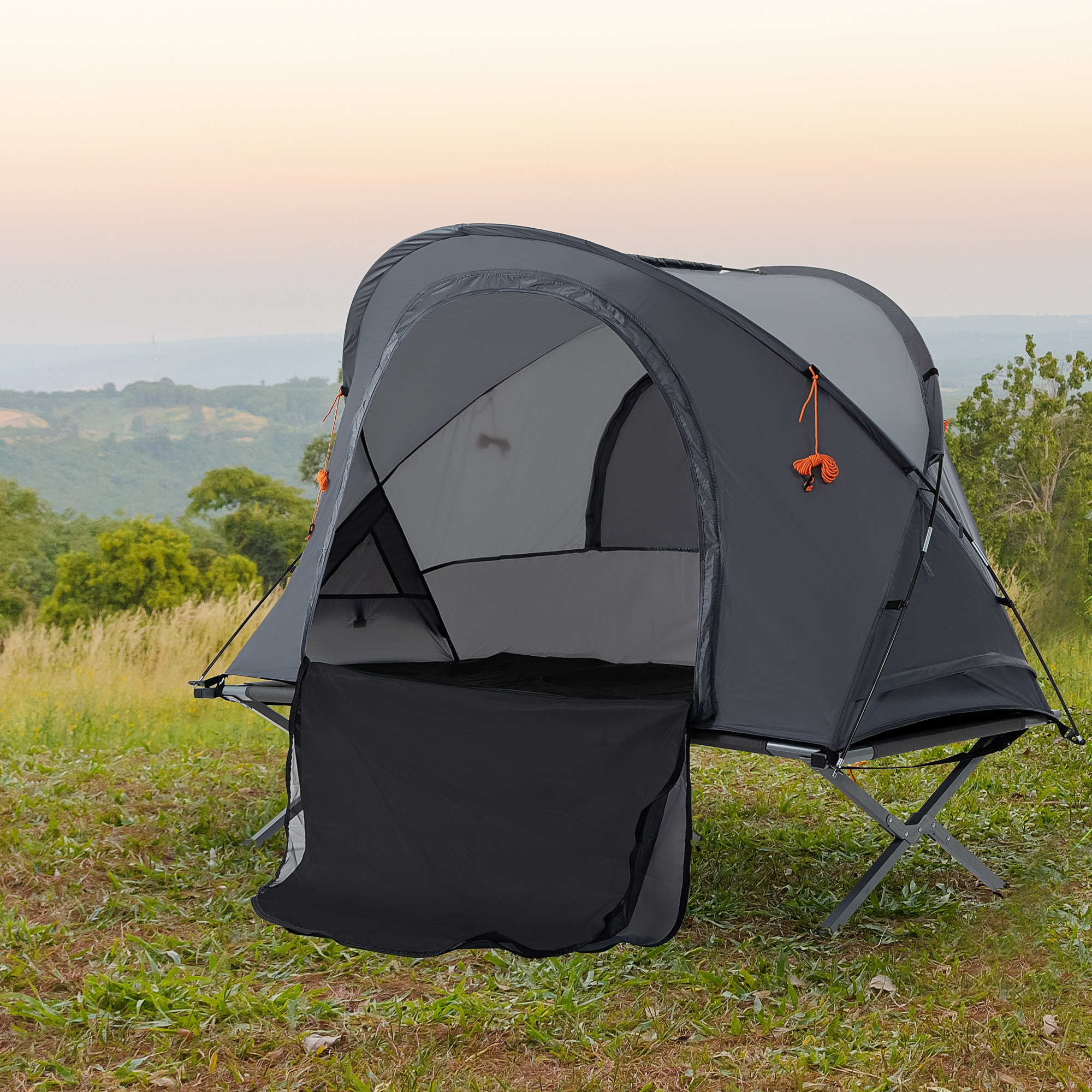 Outsunny Campingzelt fr 1 Pers. inkl. Feldbett und Matratze, Grau, 200 x  86 x 147 cm | Aosom.de