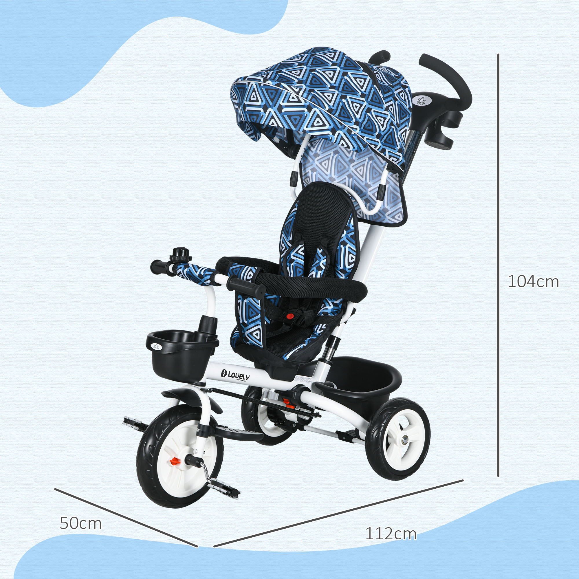 HOMCOM Metal Frame 6 in 1 Baby Push Tricycle with Parent Handle for 1-5 Years Old, Light Blue 3