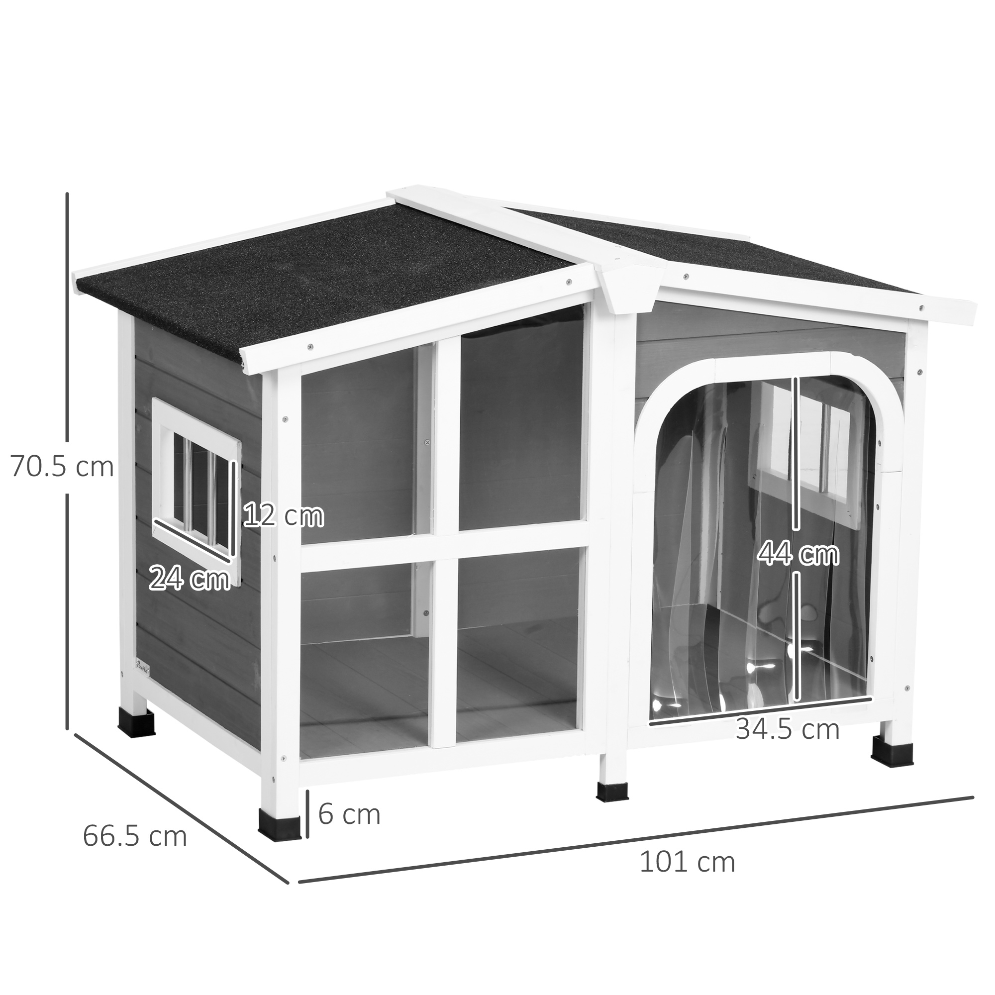 PawHut Cuccia Cani In Legno 106x62x80 Cm Con Terrazza E Recinzione, Tetto Bituminoso E Porta Lamellare Per Esterno