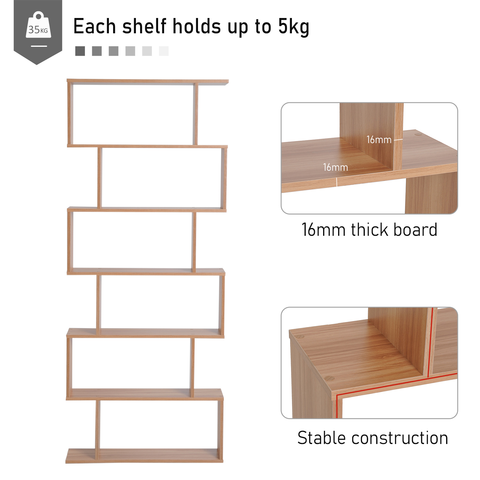 HOMCOM Bookcase, 6 Tier Shelf S Shaped Bookshelf, Storage Unit, Display Shelf for Living Room, Bedroom, Home Office, Plant, Maple 4
