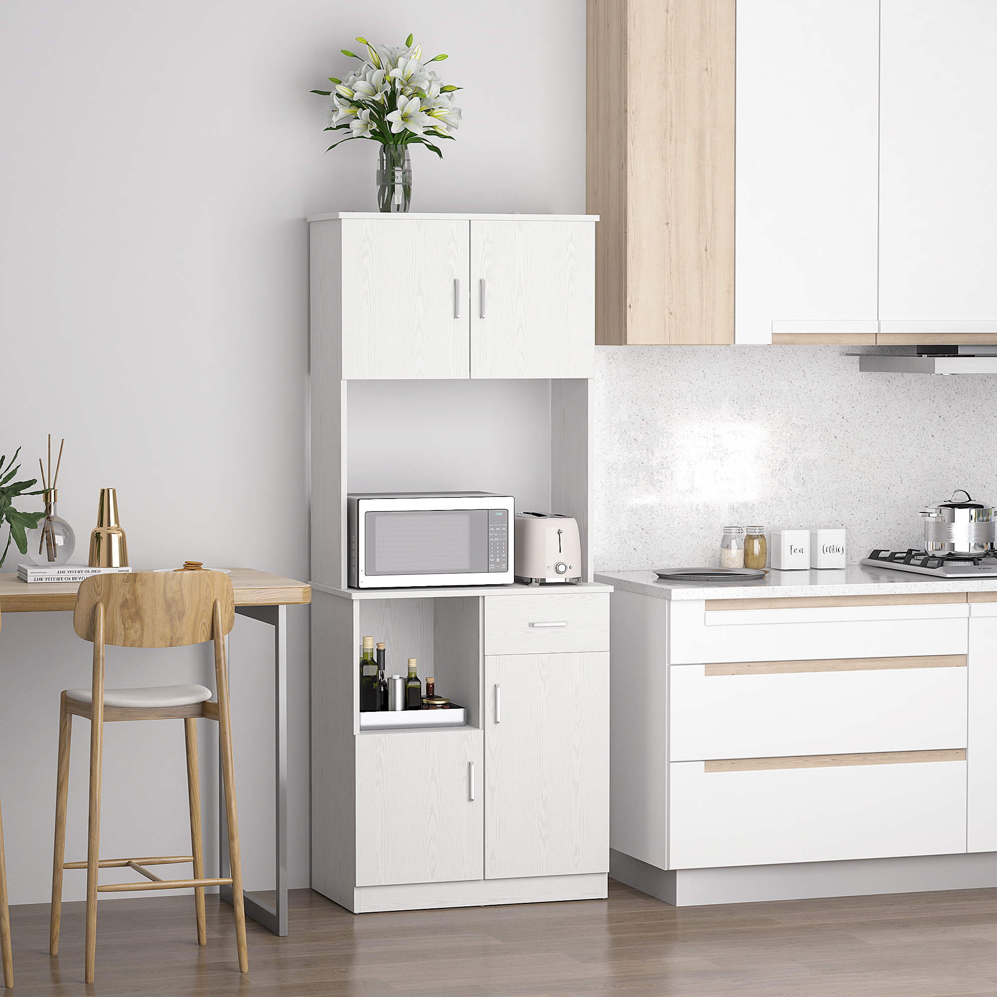 HOMCOM Freestanding Kitchen Cupboard, Modern Kitchen Storage Cabinet with Doors, Microwave Counter and Adjustable Shelves, White 2