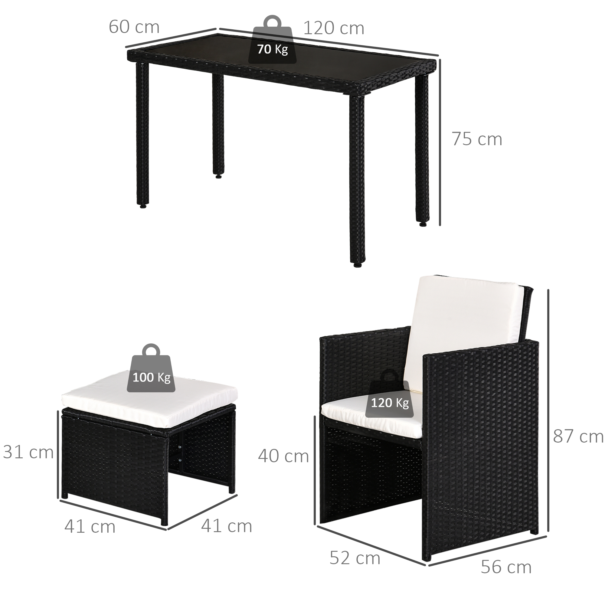 Outsunny 2 Seater Rattan Cube Garden Furniture Set, Rattan Dining Set with Cushions, Outdoor Dining Table and Chairs with 2 Armchairs, 2 Stools, Rectangular Glass Top Table for Patio, Balcony, Black 3