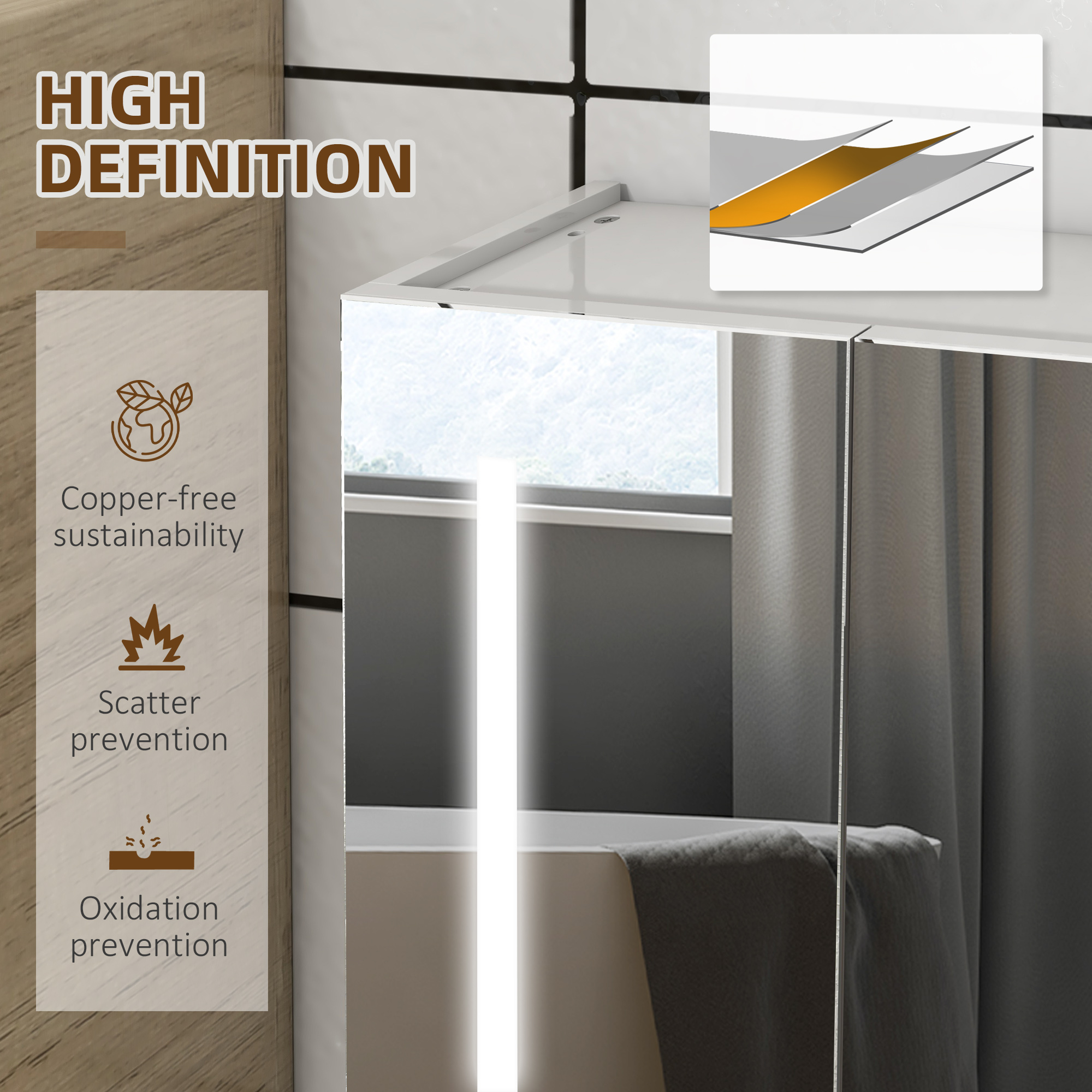 kleankin Bathroom Mirror Cabinet with Light, Bathroom Storage Cupboard with USB Charge, Adjustable Shelf, 90x15x70cm, White 8