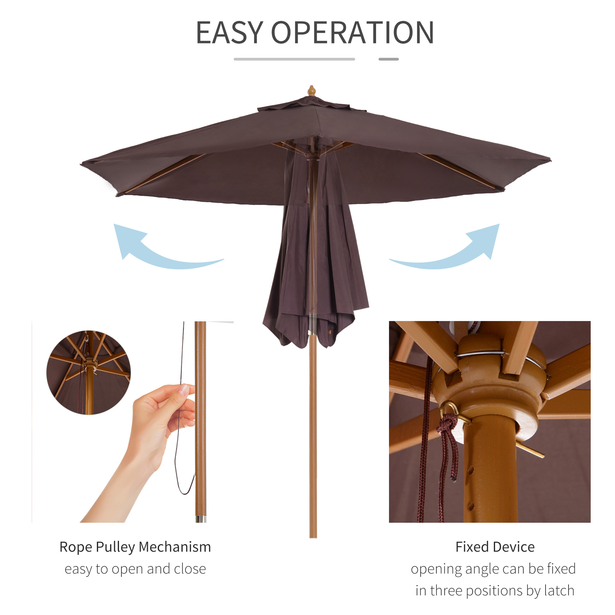 Outsunny 2.5m Wood Garden Parasol Sun Shade Patio Outdoor Wooden Umbrella Canopy Coffee 5