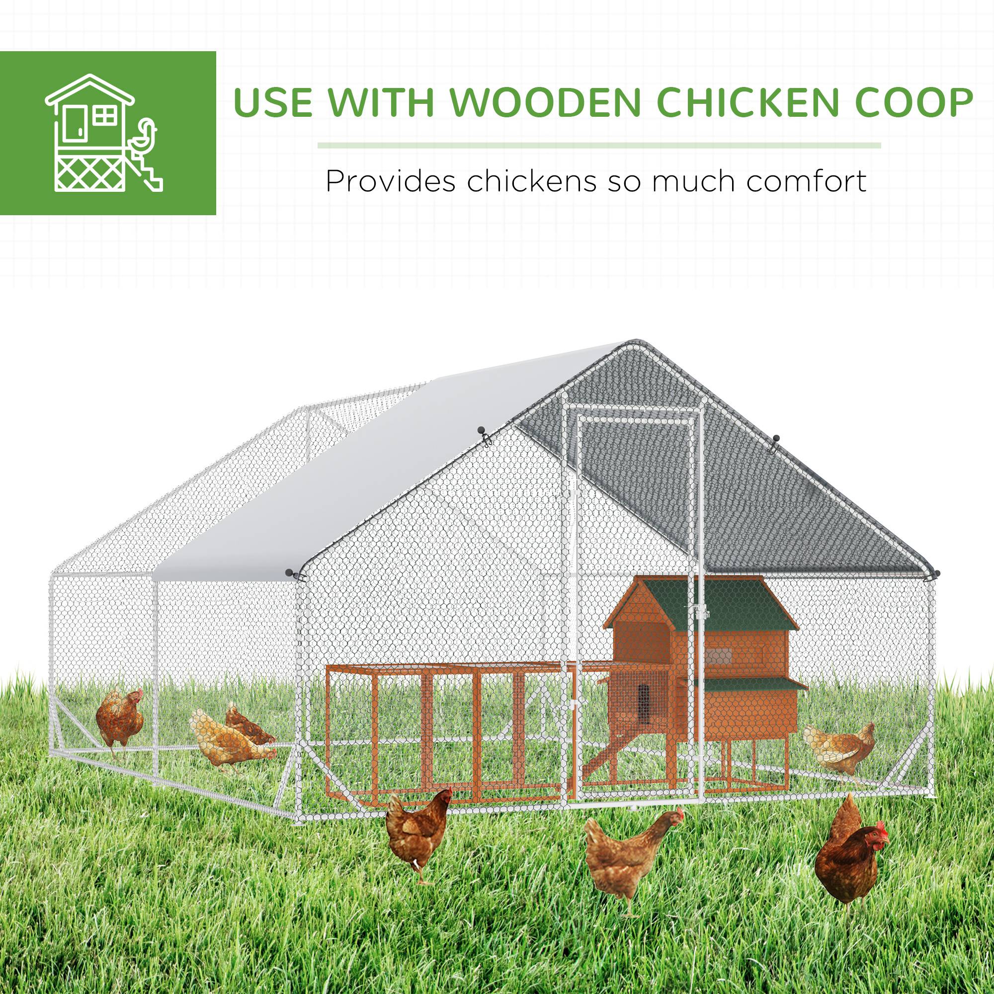 PawHut Chicken Walk-in Run, Galvanised Chicken Coop, Hen Poultry House Cage, Rabbit Hutch Pet Playpen Garden w/ Water-Resist Cover, 3 x 4 x 2m 5