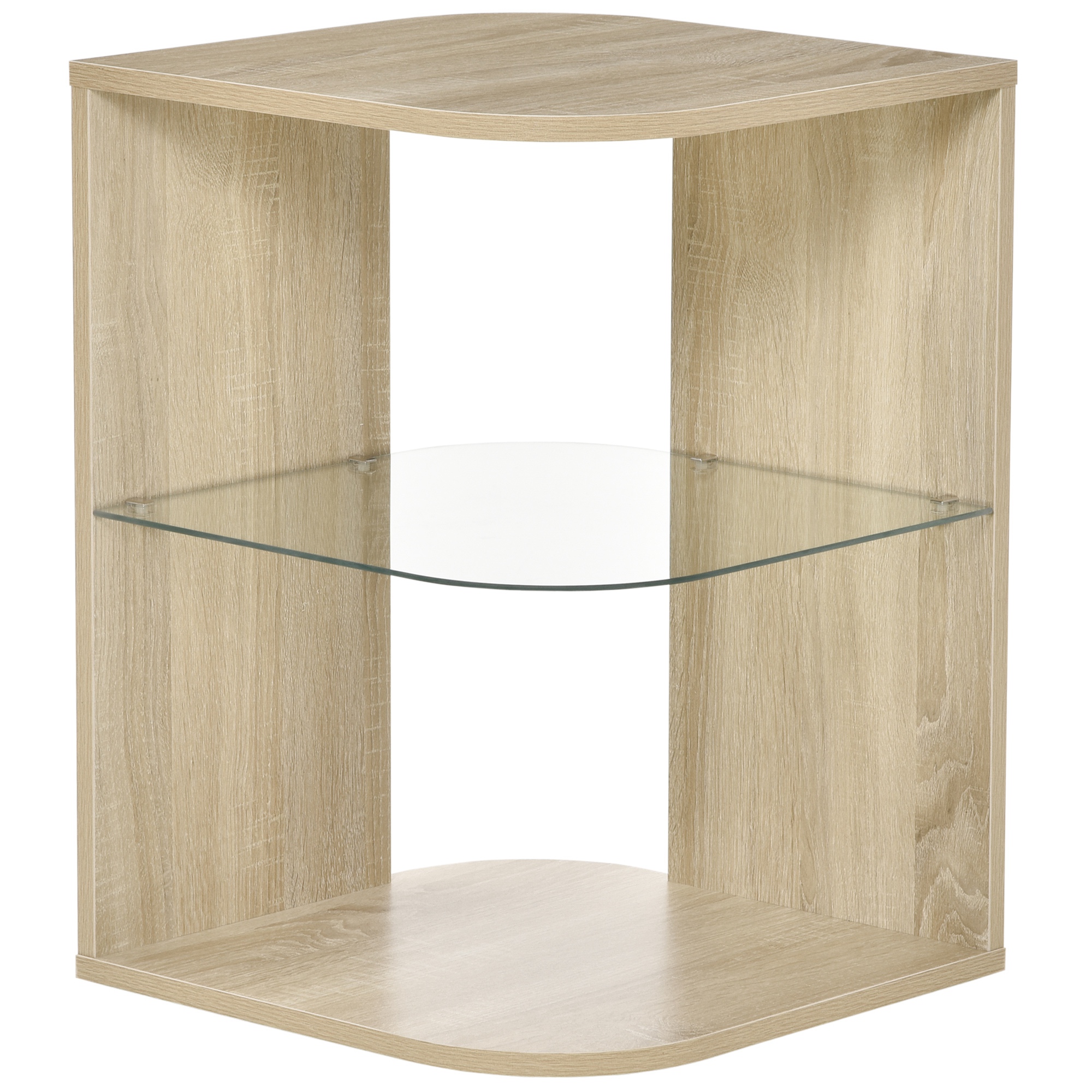 HOMCOM Mesita Auxiliar de Salón Mesilla de Noche con 3 Estantes Tablero de Cristal para Sala Dormitorio 40x40x56 cm Madera Natural   Aosom España