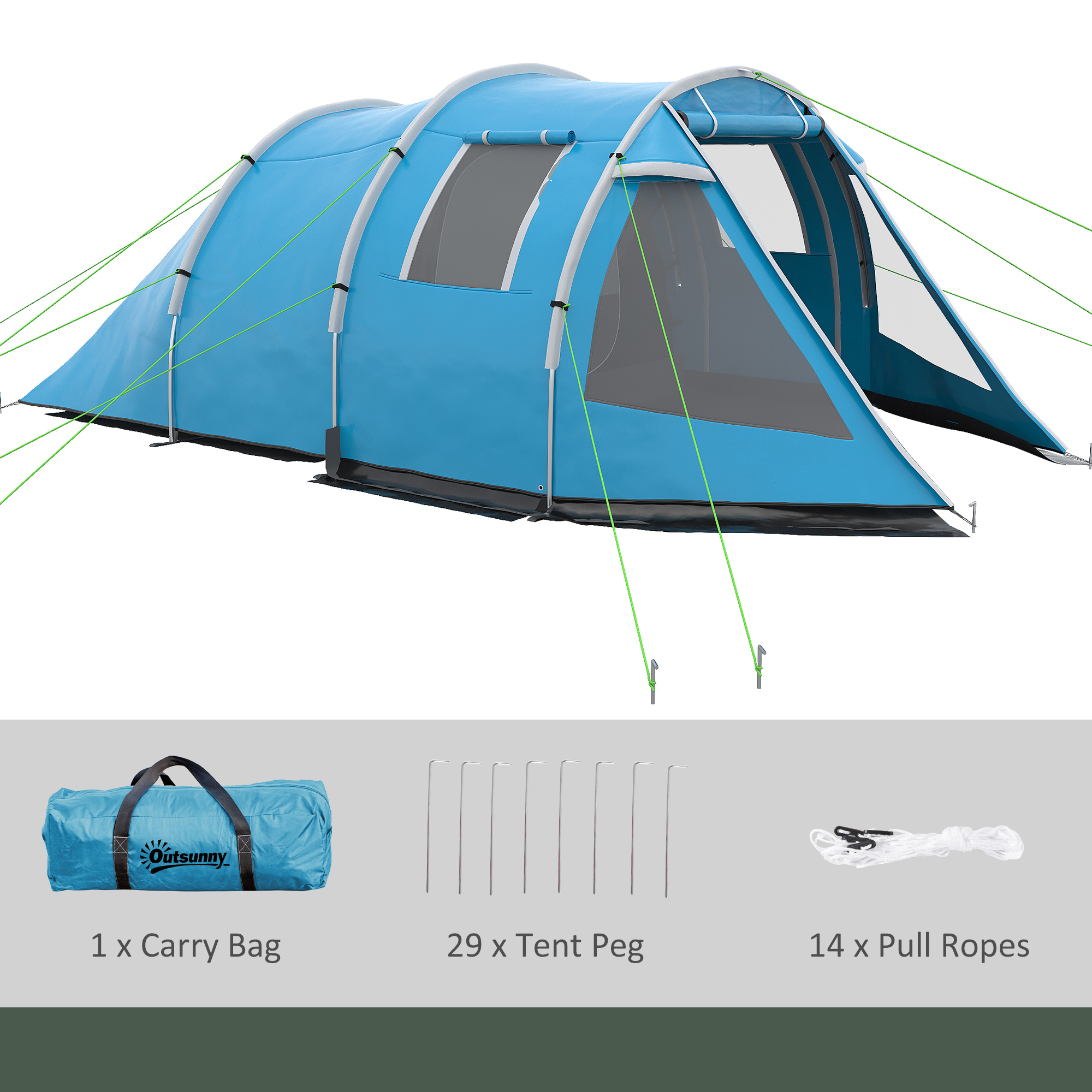 Outsunny 3-4 Man Tunnel Tent, Two Room Camping Tent with Windows, Portable Carry Bag, for Fishing, Hiking, Sports, Festival Blue 7