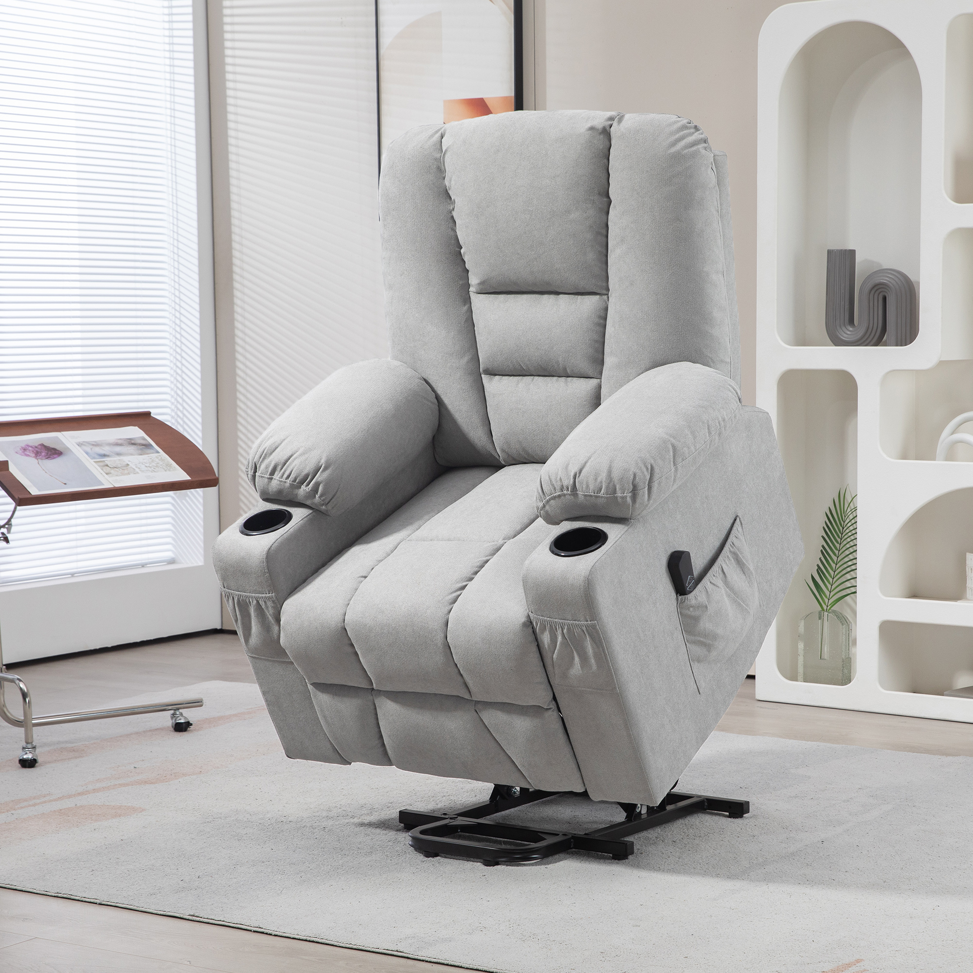 HOMCOM Oversized Riser and Recliner Chairs for the Elderly, Fabric Upholstered Lift Chair for Living Room with Remote Control, Side Pockets, Cup Holder, Light Grey 2