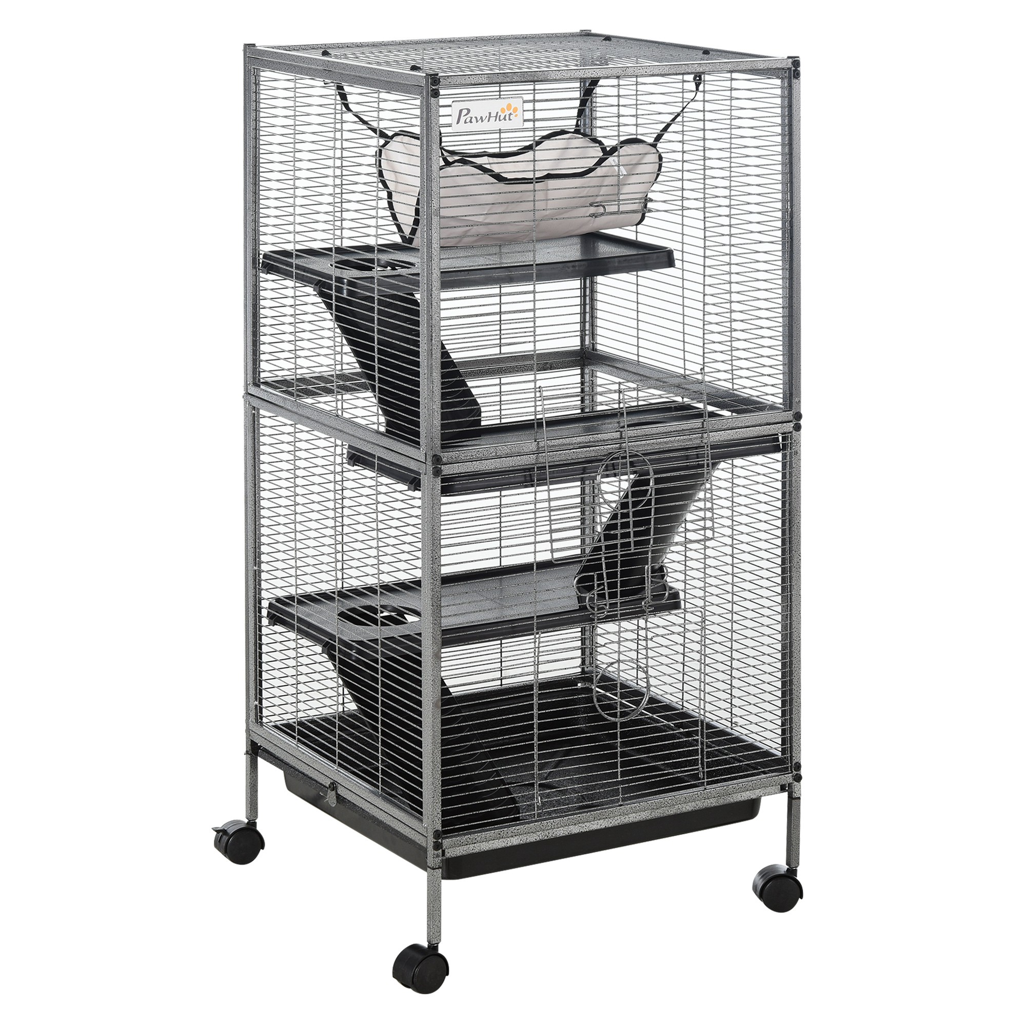 PawHut Jaula Grande para Roedores 52x52x113,5 cm Jaula para Hurones 2 Puertas 3 Rampas Hamaca Colgante y Bandeja Extraíble Gris | Aosom España