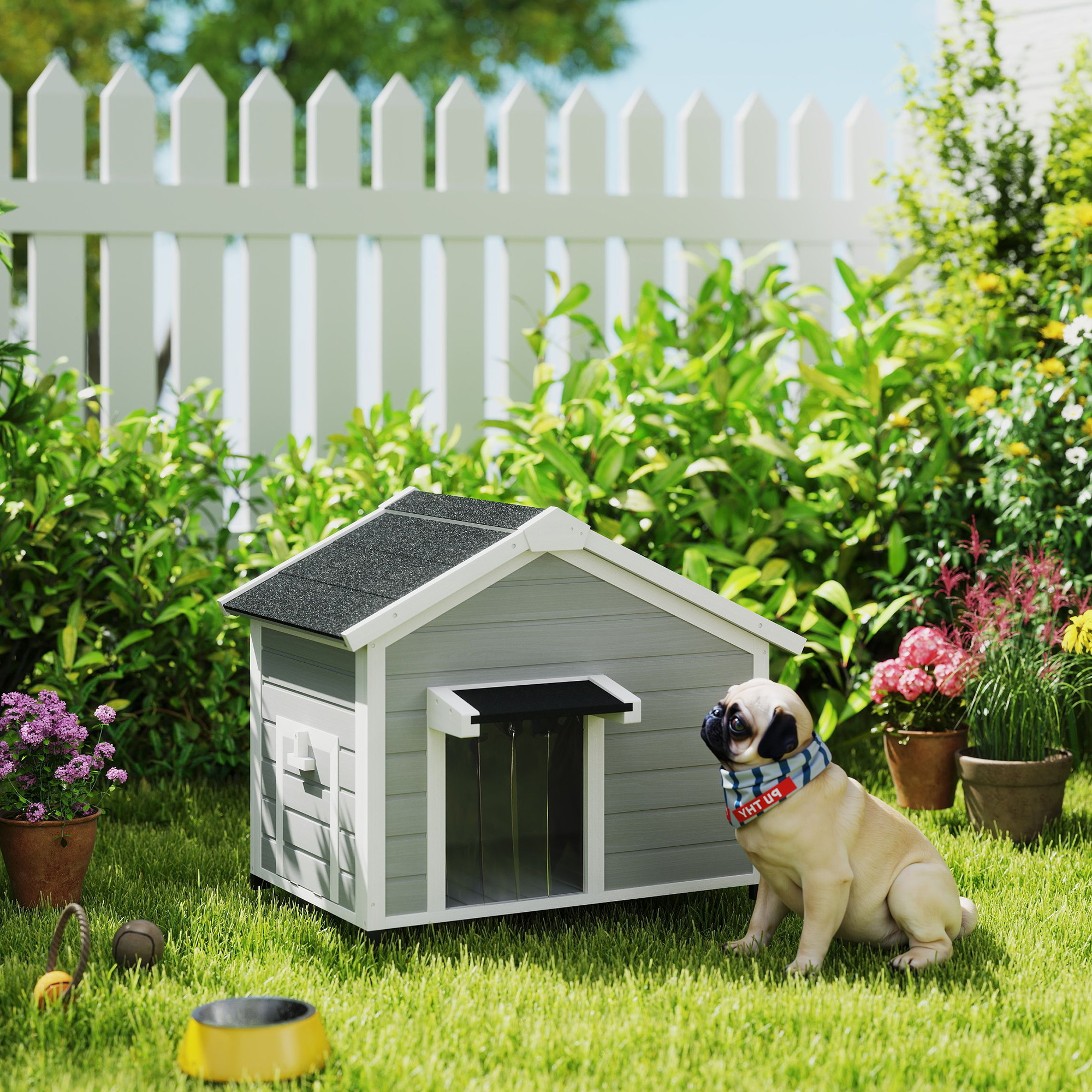 PawHut Wooden Dog House Outdoor with Openable Roof, Removable Floor, Curtain, Elevated Feet, for Medium Dogs, Light Grey 2