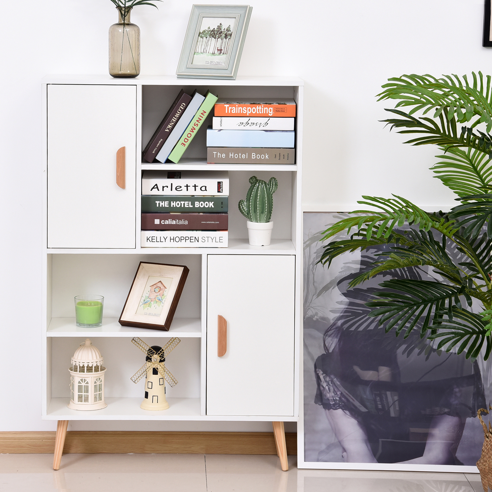 HOMCOM Sideboard Bookshelf Free Standing Bookcase Shelves Unit Display Storage Cabinet w/ Adjustable Shelves, Wooden Leg, Two Doors, White 8