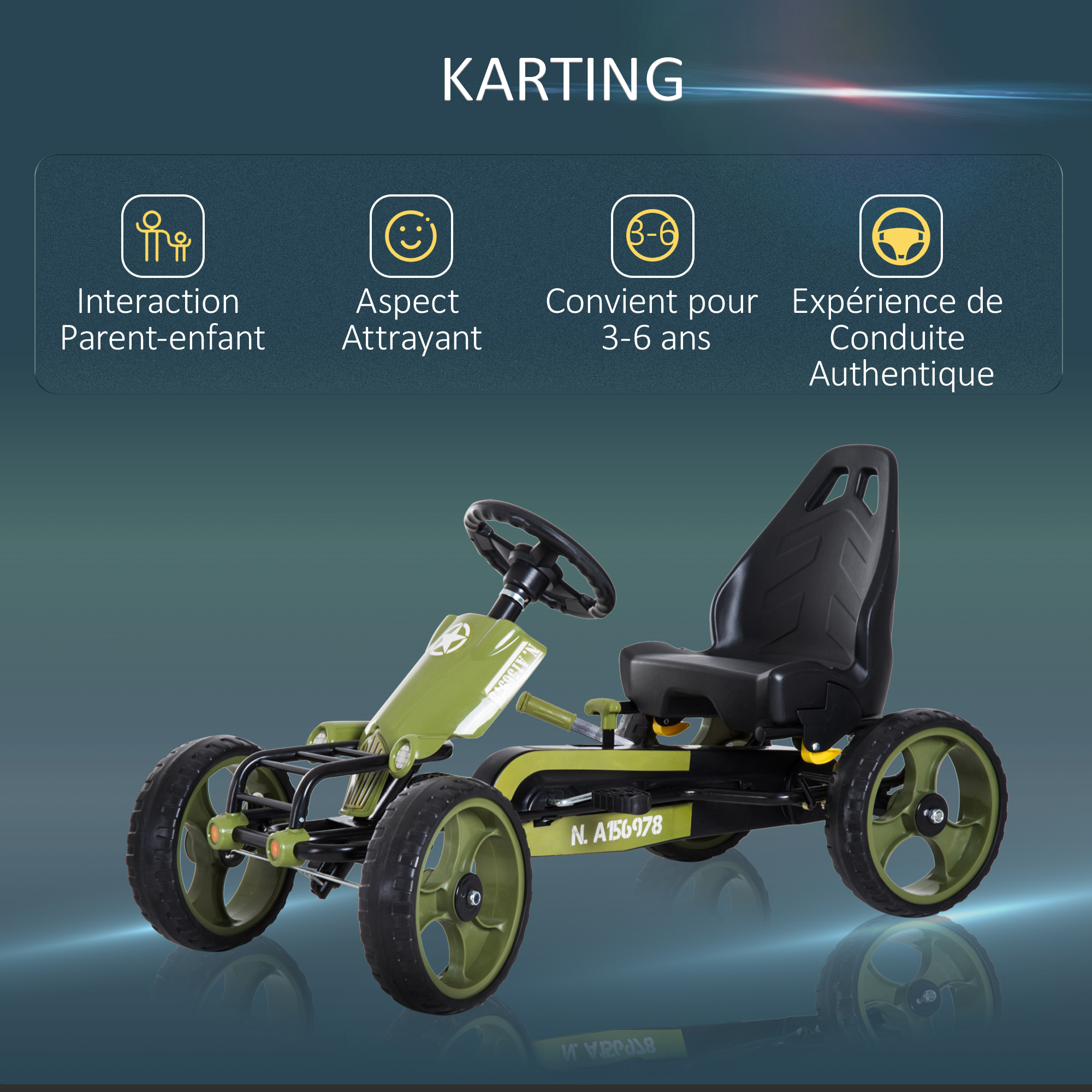 Kart à Pédales HOMCOM Vert/Noir – Siège Réglable, Frein Manuel, Roues EVA – Dès 3 Ans