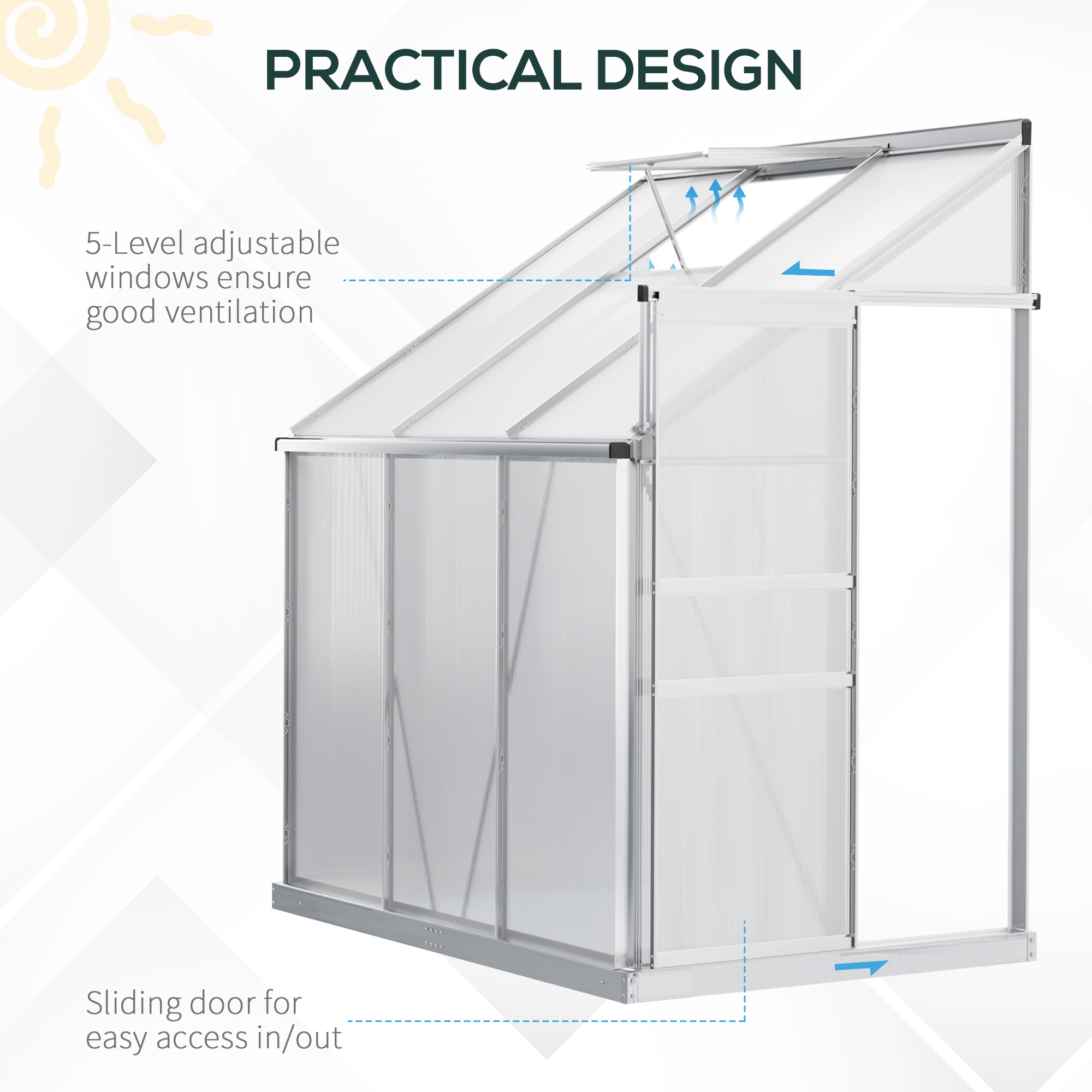 Outsunny 6 x 4ft Lean to Wall Polycarbonate Greenhouse Aluminium Walk-in Garden Greenhouse with Adjustable Roof Vent, Rain Gutter and Sliding Door, Clear 5