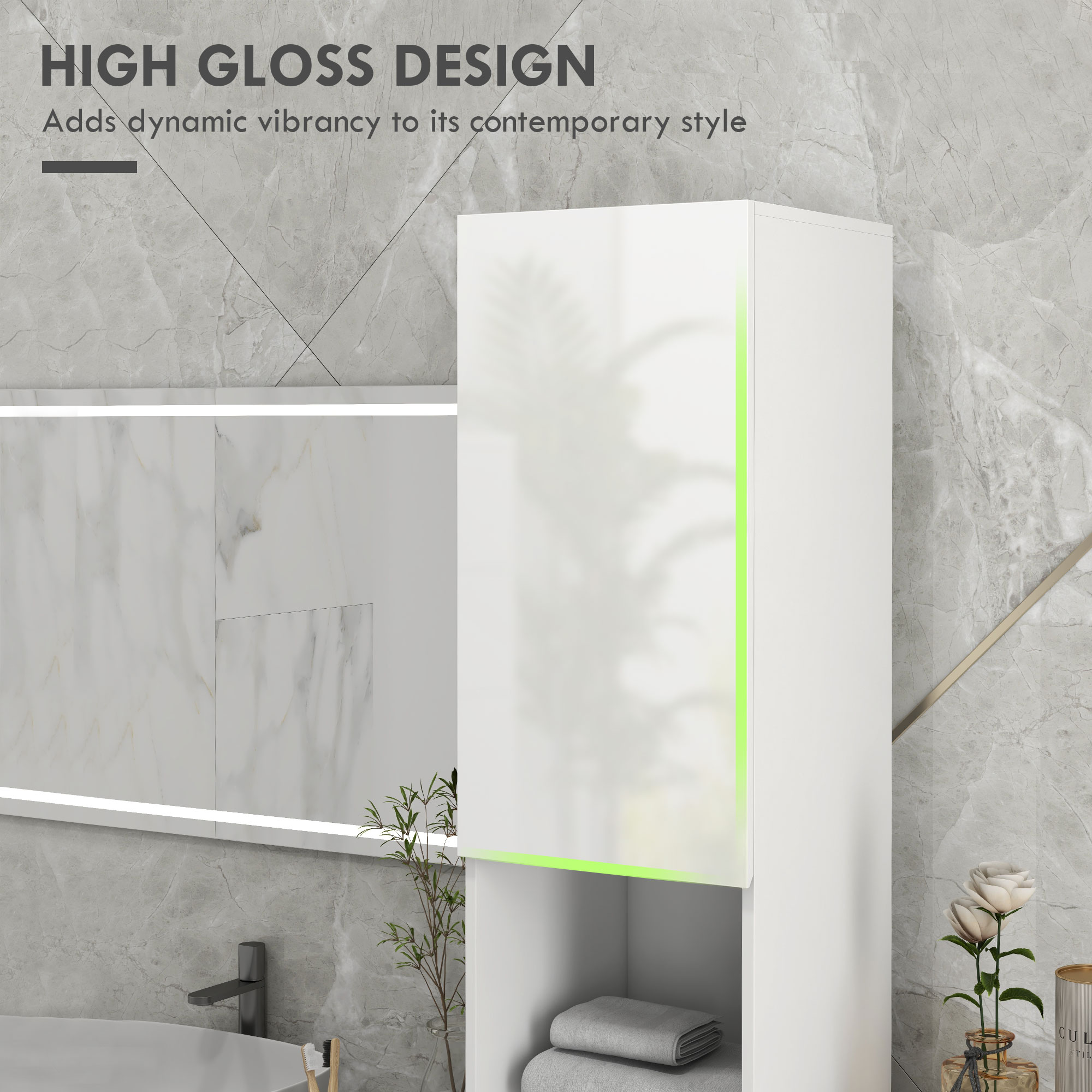 kleankin Multi-Storage Slim Bathroom Cabinet High Gloss White 4