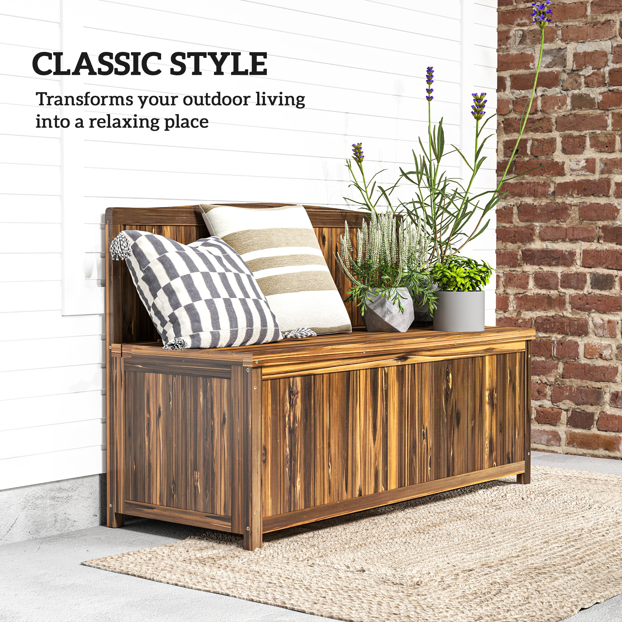 Outsunny Wood Storage Bench for Patio Furniture, Outdoor Garden Seating Tools, Brown 7
