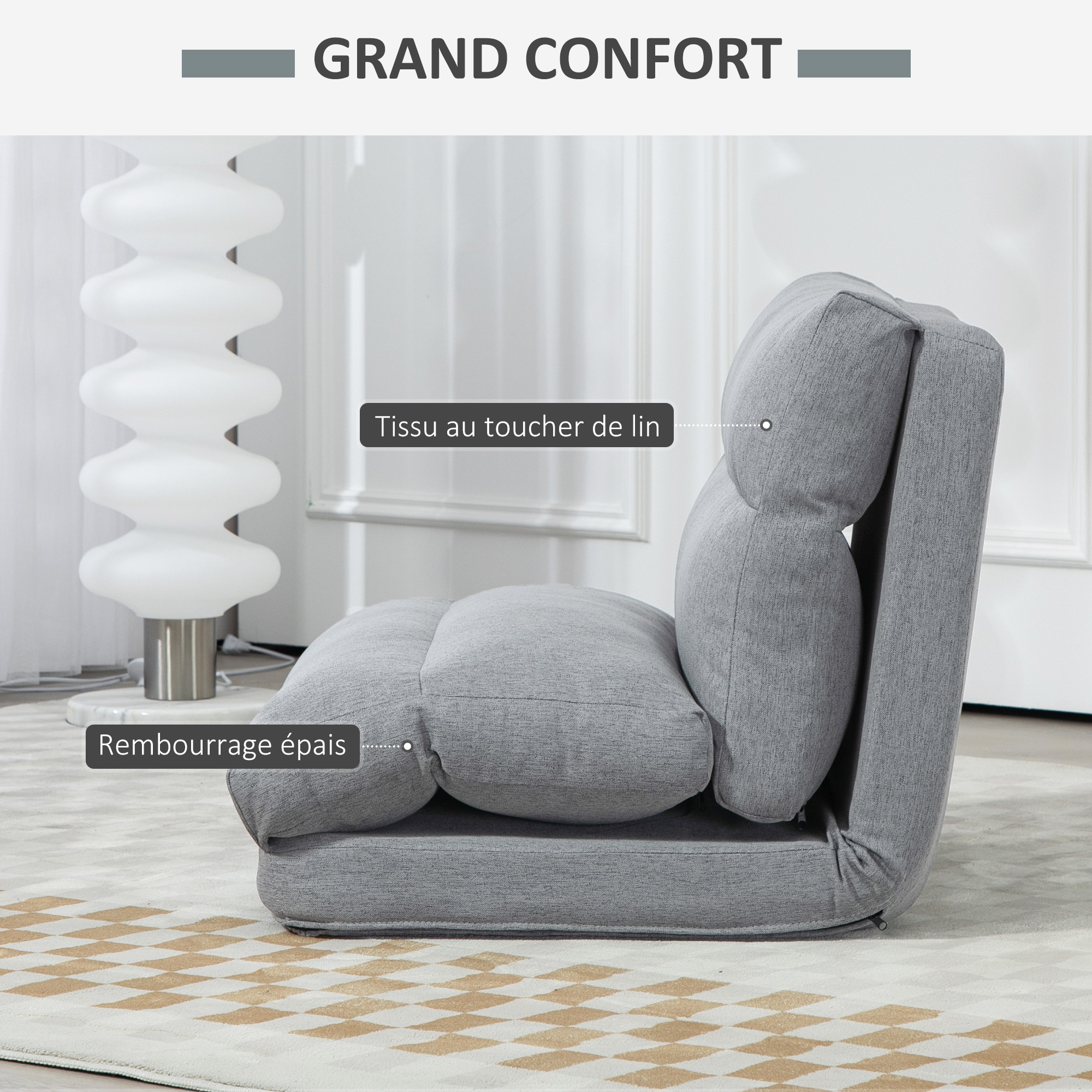 HOMCOM Fauteuil De Sol Paresseux Dossier Inclinable Sur 5 Positions Dim L67 X P55 X H60 Cm Gris~19b6qctkjp801