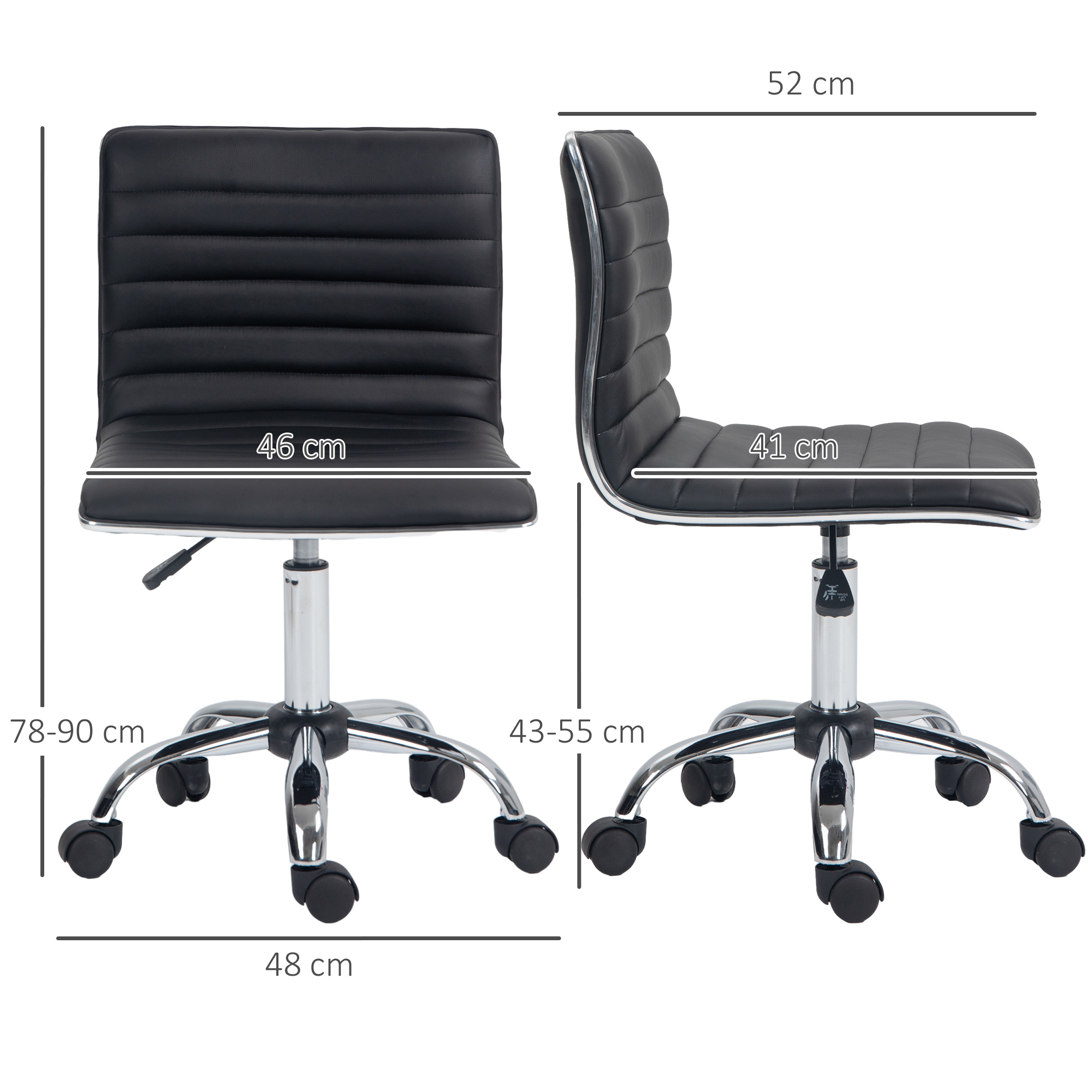 HOMCOM Armless Task Desk Chair, Swivel Office Chair with Faux Leather, Adjustable Seat Height, Chrome Base, Wheels for Home, Black 3