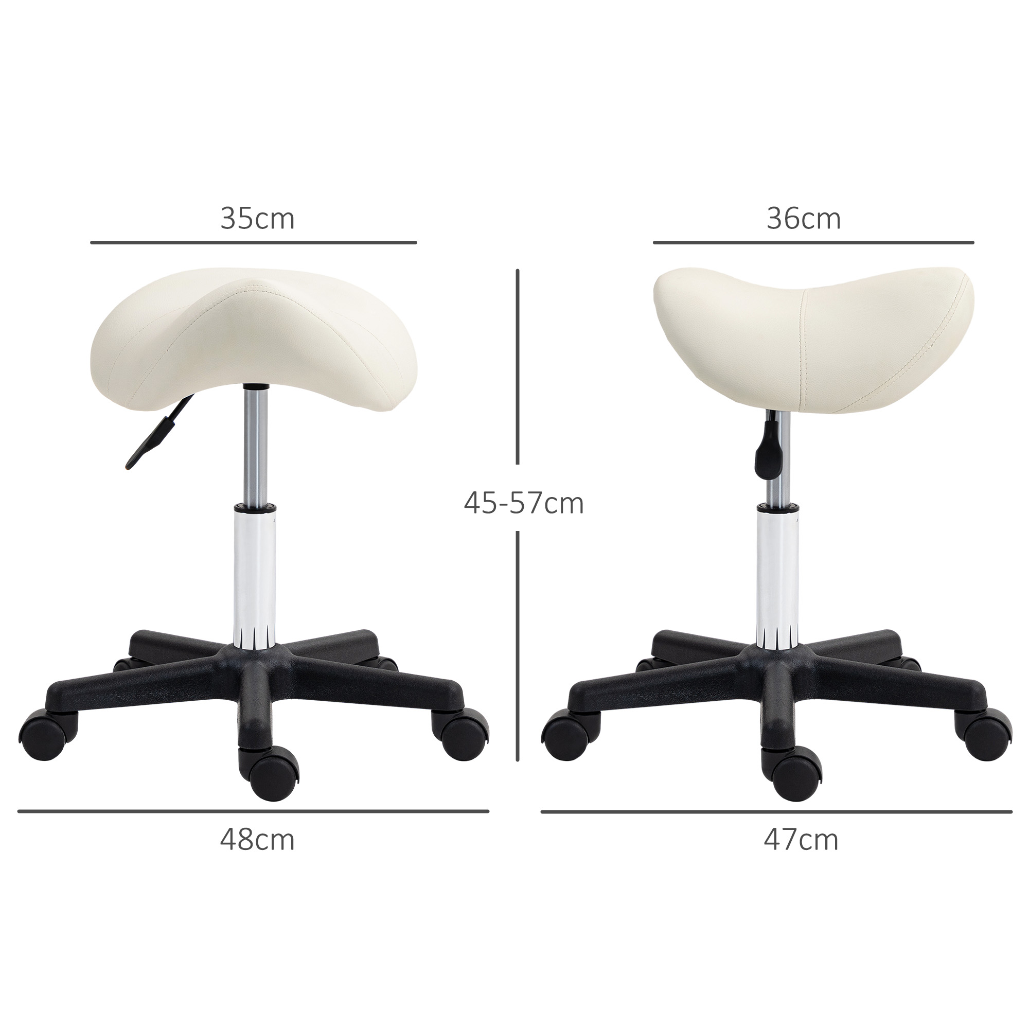 HOMCOM Saddle Stool, PU Leather Adjustable Rolling Salon Chair with Steel Frame for Massage, Spa, Beauty and Tattoo, White 3