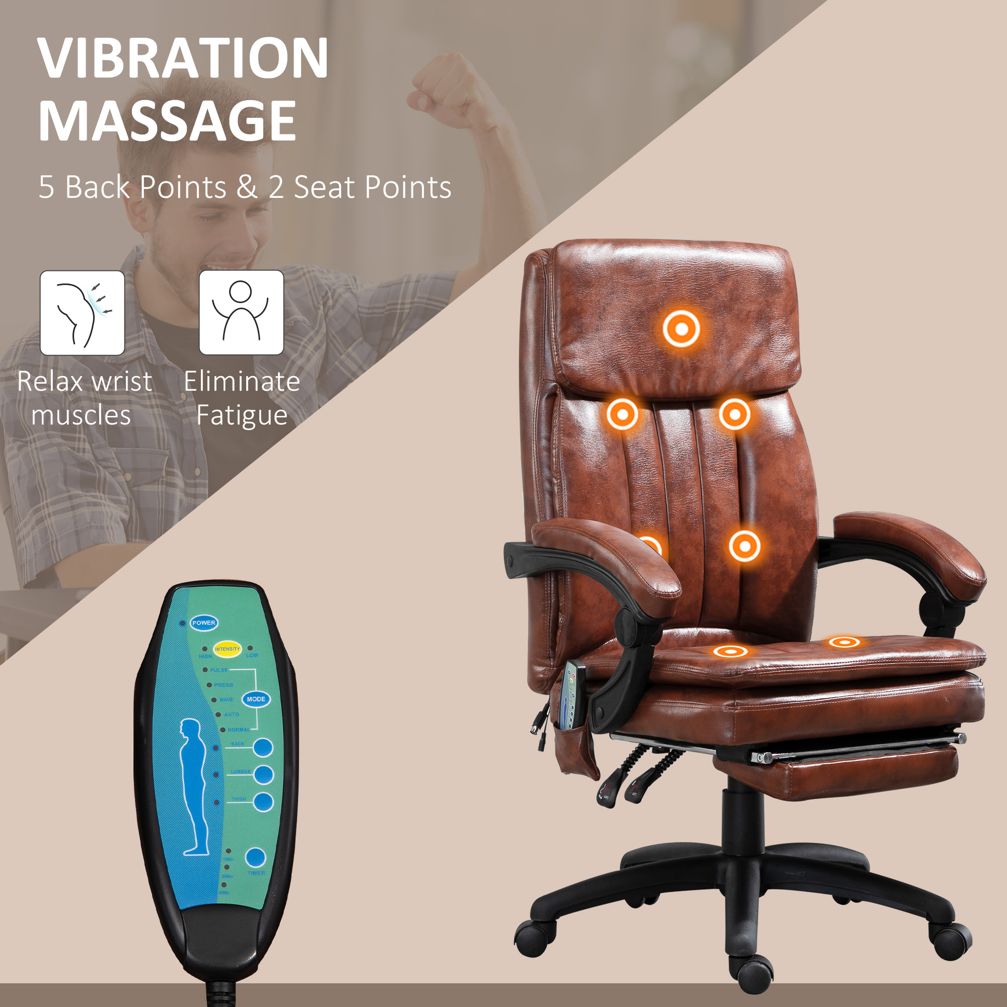 Vinsetto PU Leather Office Chair with 7 Point Vibrating Massage, Computer Desk Chair with Footrest, Adjustable Height, Reclining Back, Brown 4