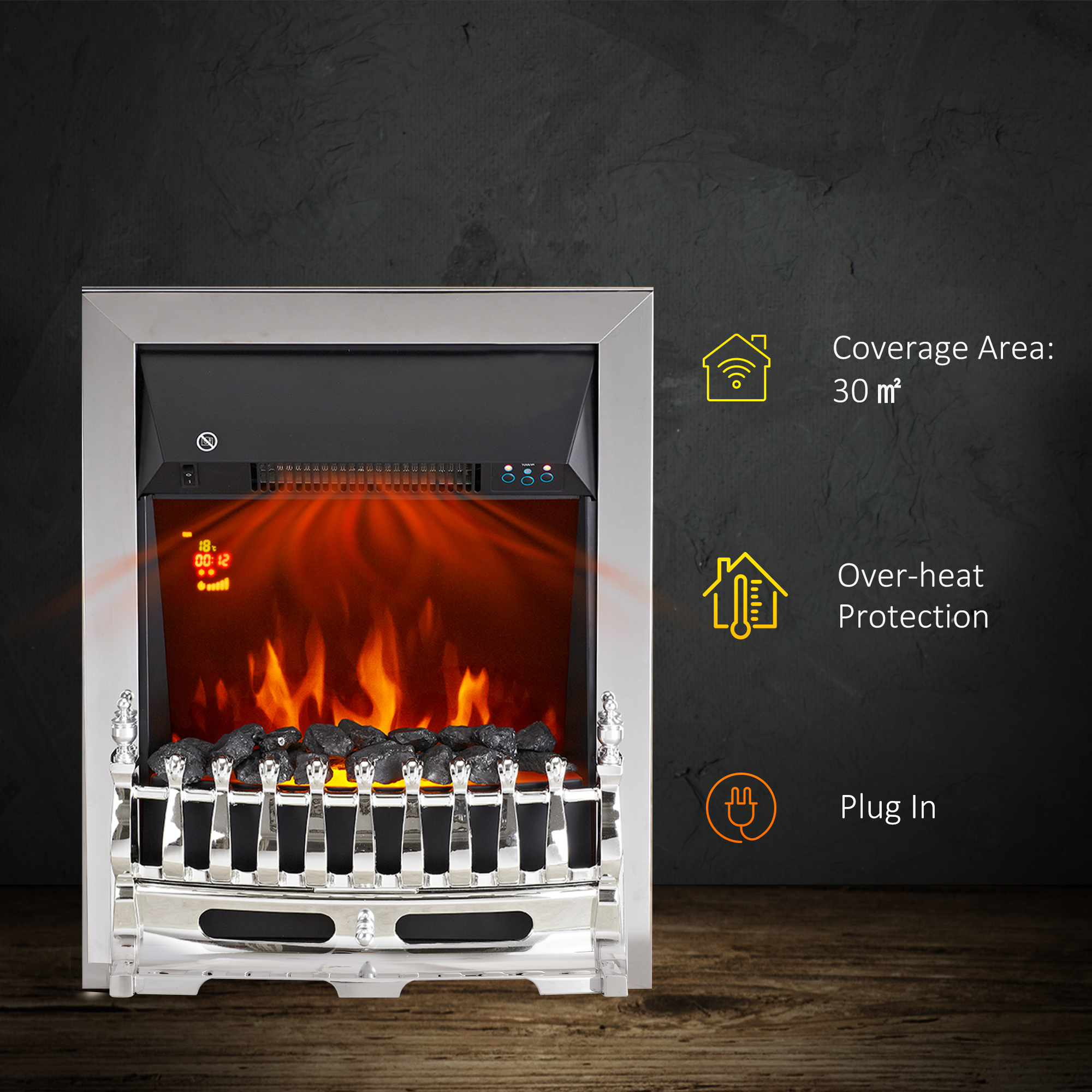 HOMCOM Contemporary Electric Fireplace Coal Burning Flame Effect Inset Fire Place Space Heater Glass View LED Lighting with Remote Control, 1000W/2000W 5