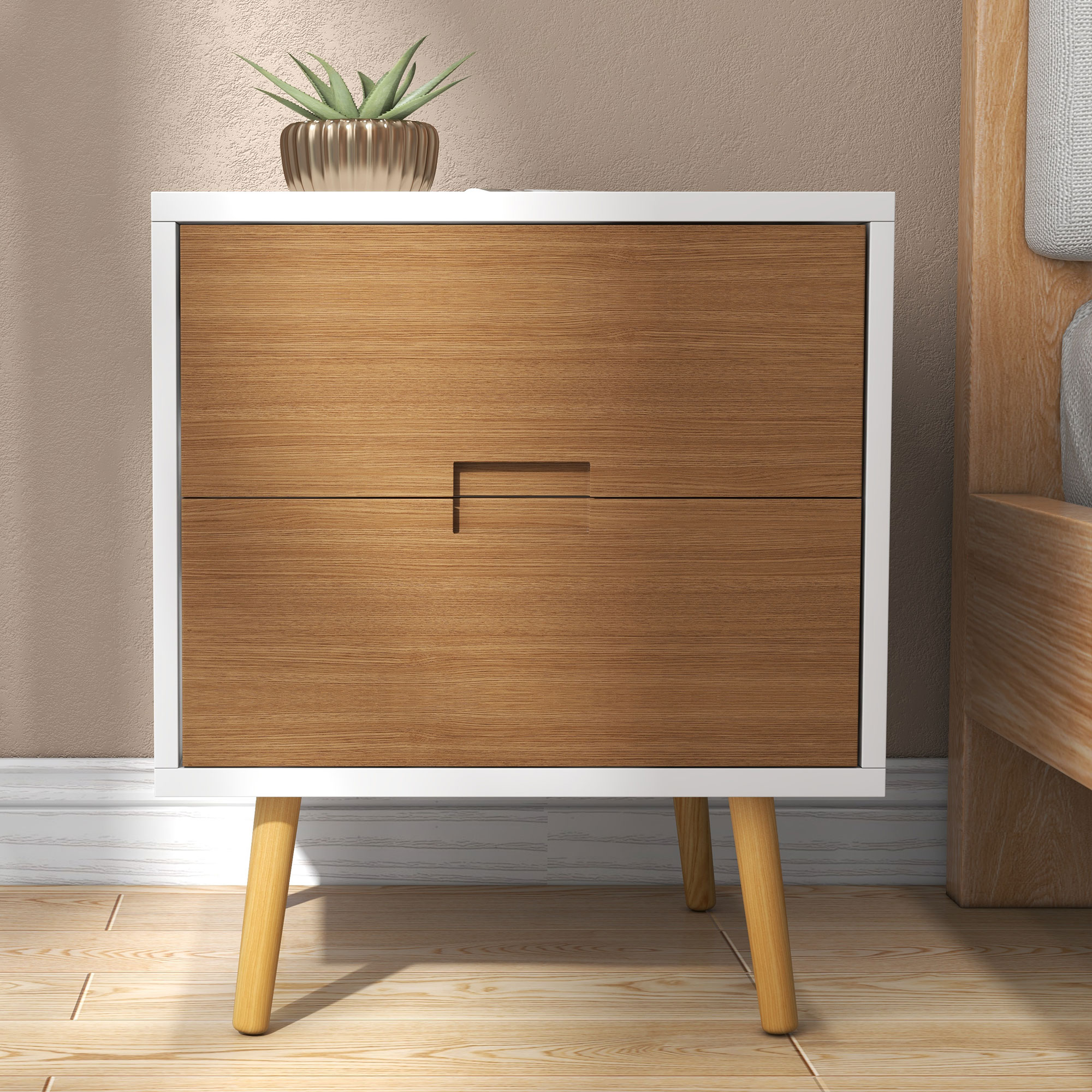 HOMCOM Wood Effect Wto-Drawer Bedside Table Brown/White 7