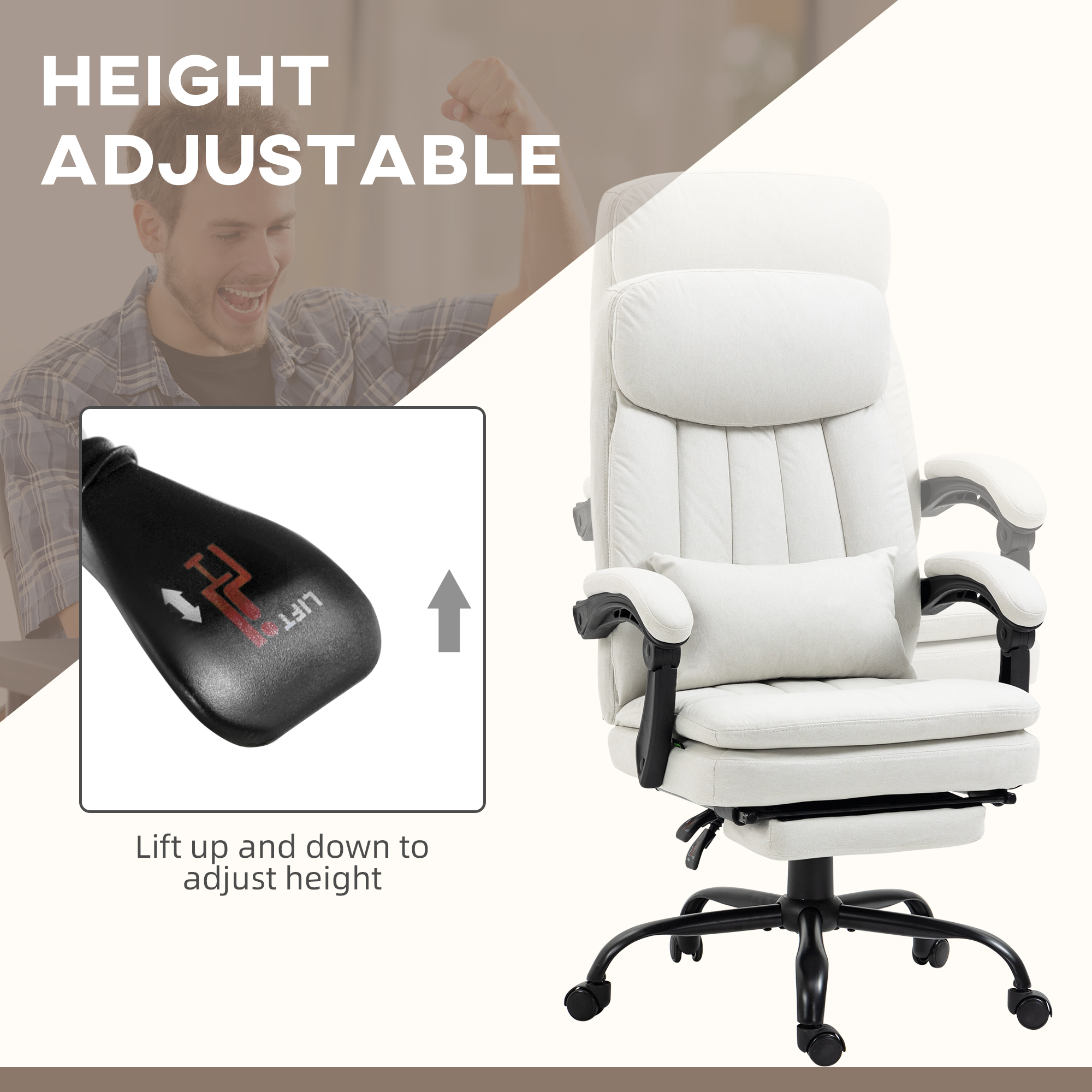 Vinsetto Office Chair, Ergonomic Desk Chair with 6-Point Vibration Massage and Lumbar Heating, Computer Chair with Lumbar Support Pillow, 155° Reclining Back and Footrest, Cream White 5