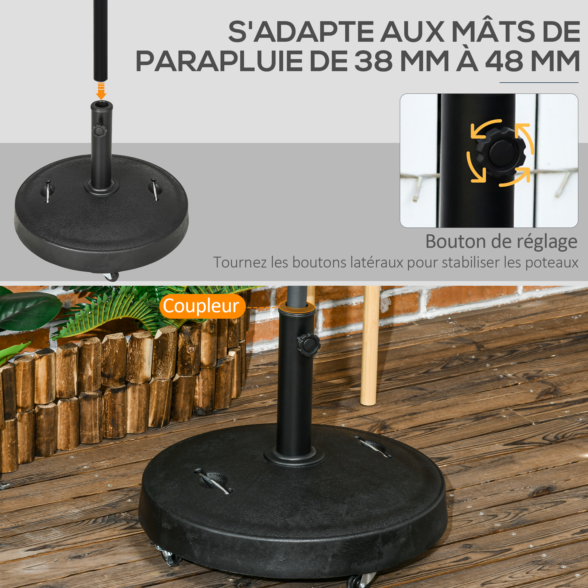 Pied de Parasol Rond Base de lestage Parasol dim. 46L x 45l x 26H cm Pied de Parasol Rond Base de lestage Parasol dim. 46L x 45l x 26H cm
