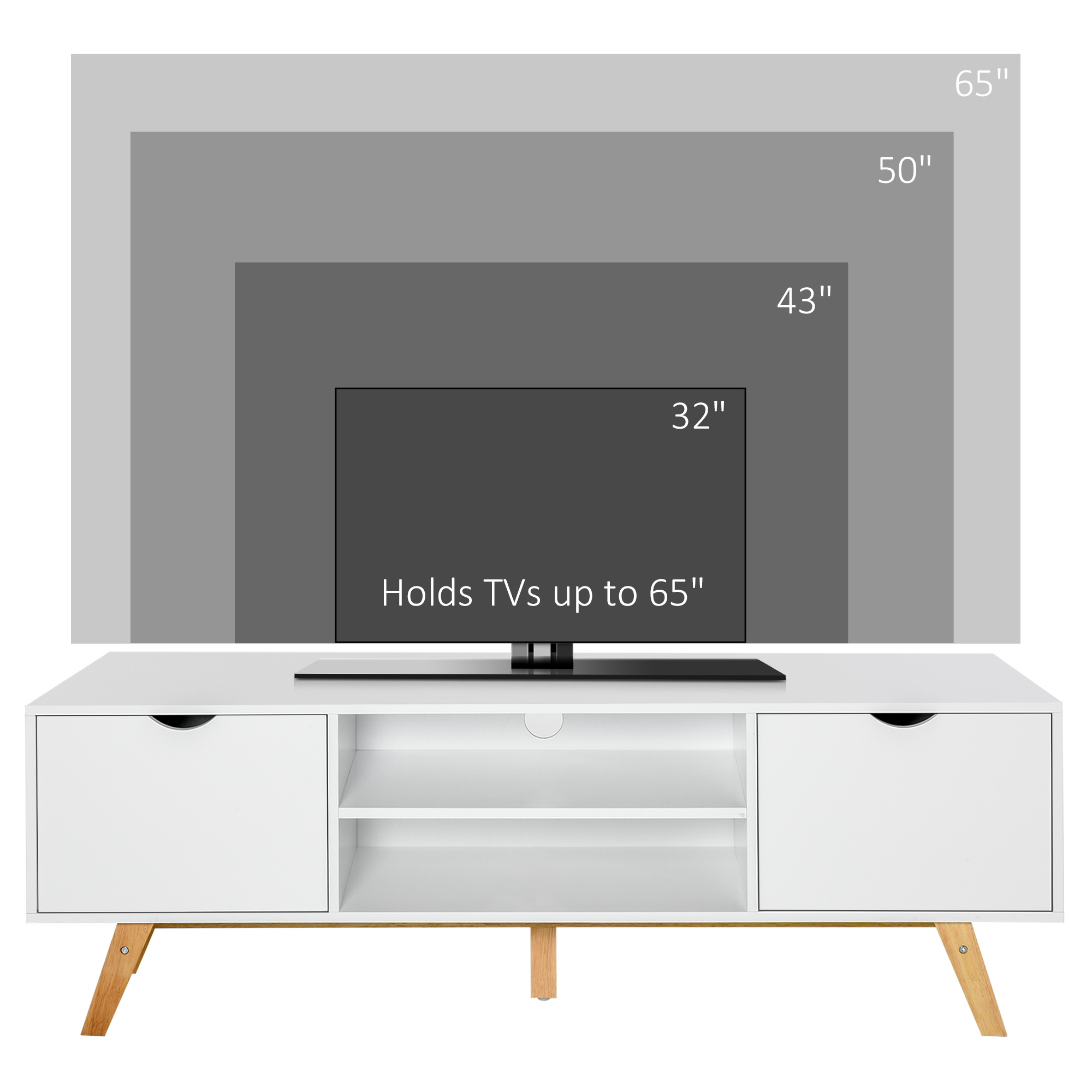 HOMCOM TV Stand Cabinet for TVs up to 65", Media Unit w/Wood Legs Storage Shelves Entertainment Center Modern Living Room Home Furniture White 4